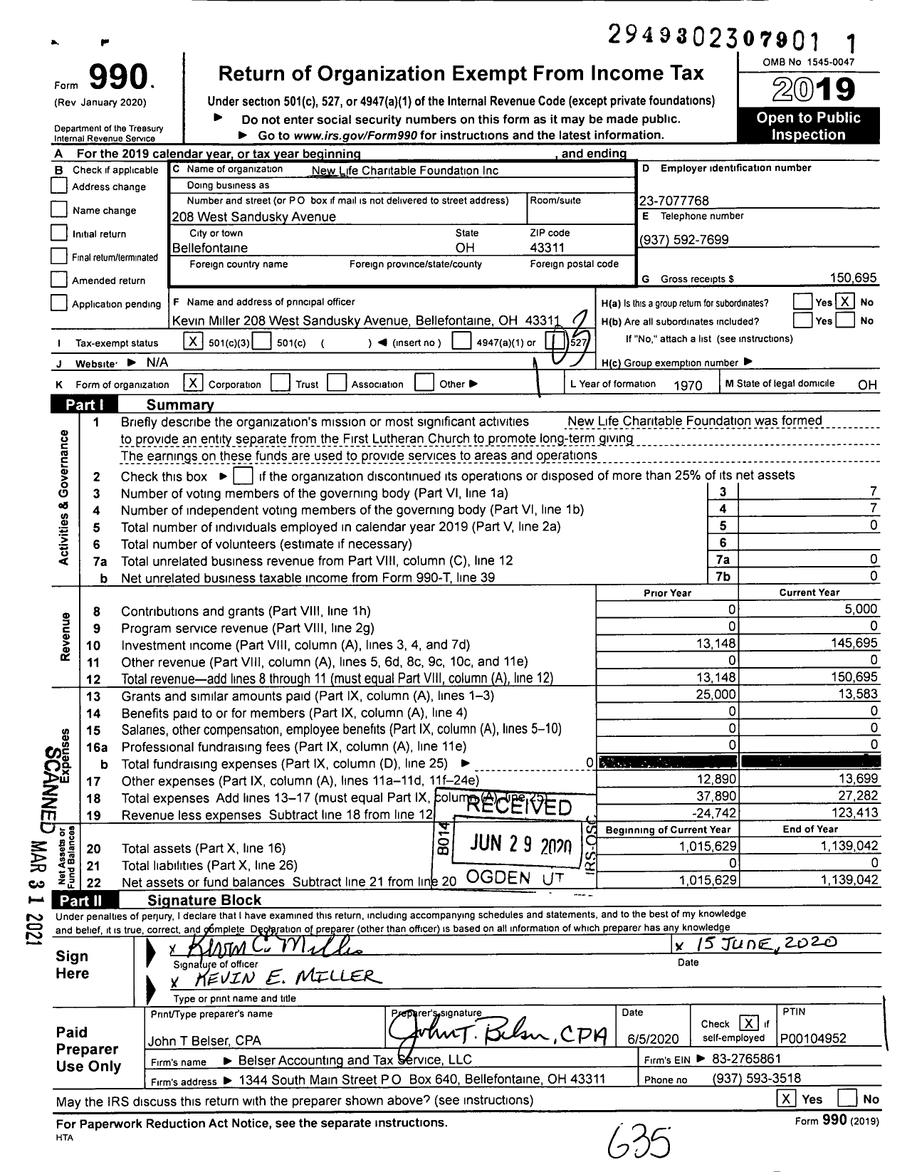 Image of first page of 2019 Form 990 for New Life Charitable Foundation