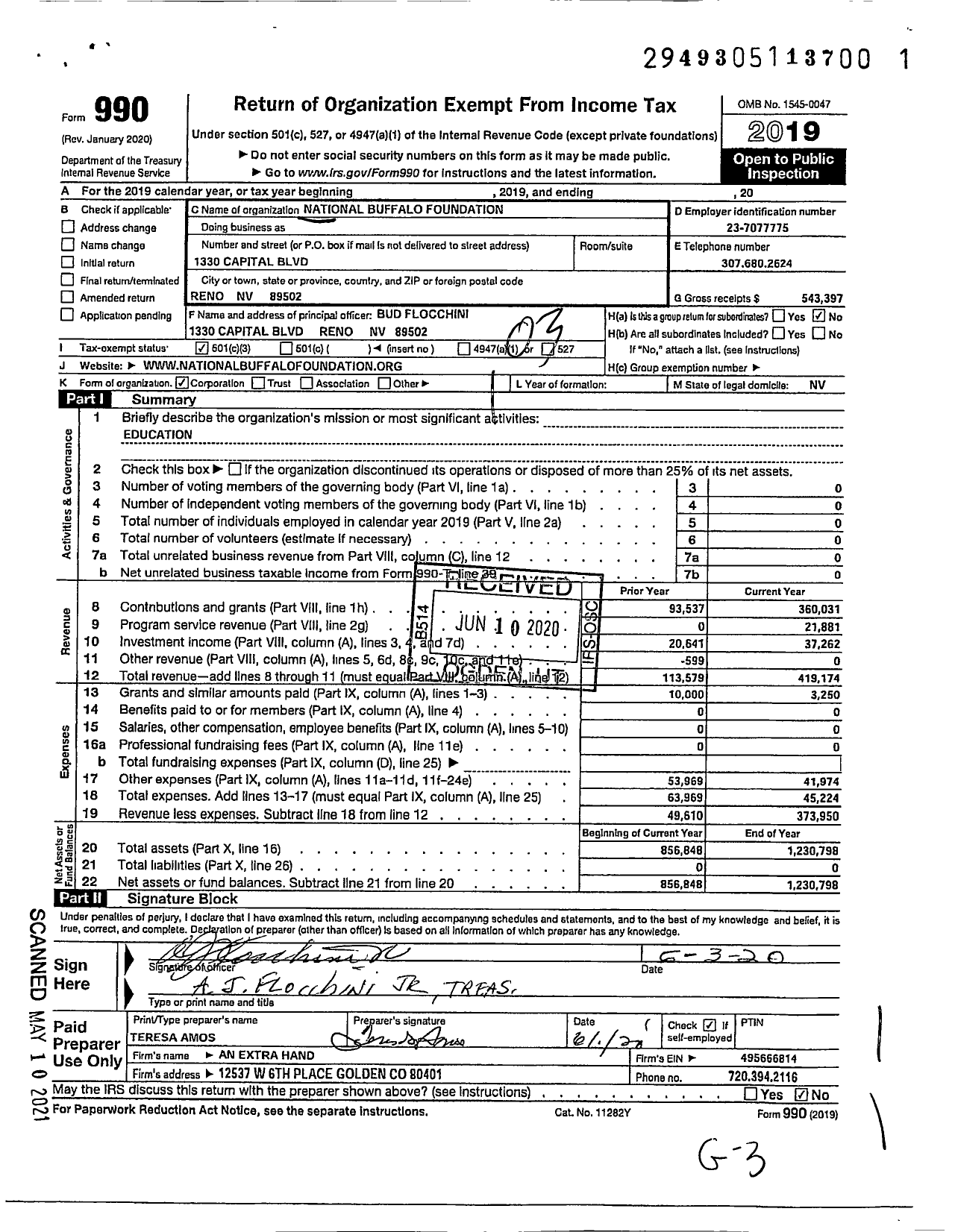 Image of first page of 2019 Form 990 for National Buffalo Foundation