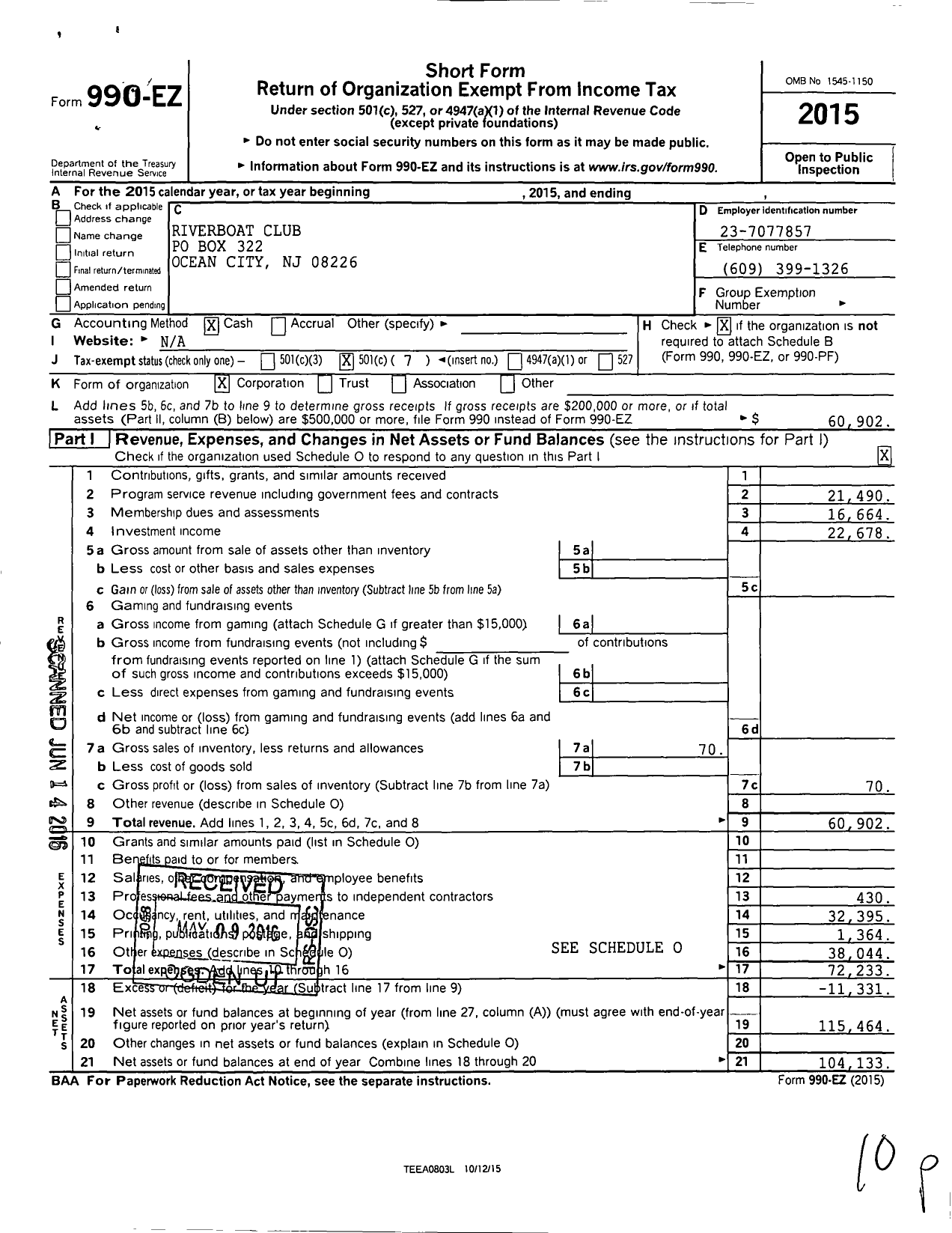 Image of first page of 2015 Form 990EO for Riverboat Club