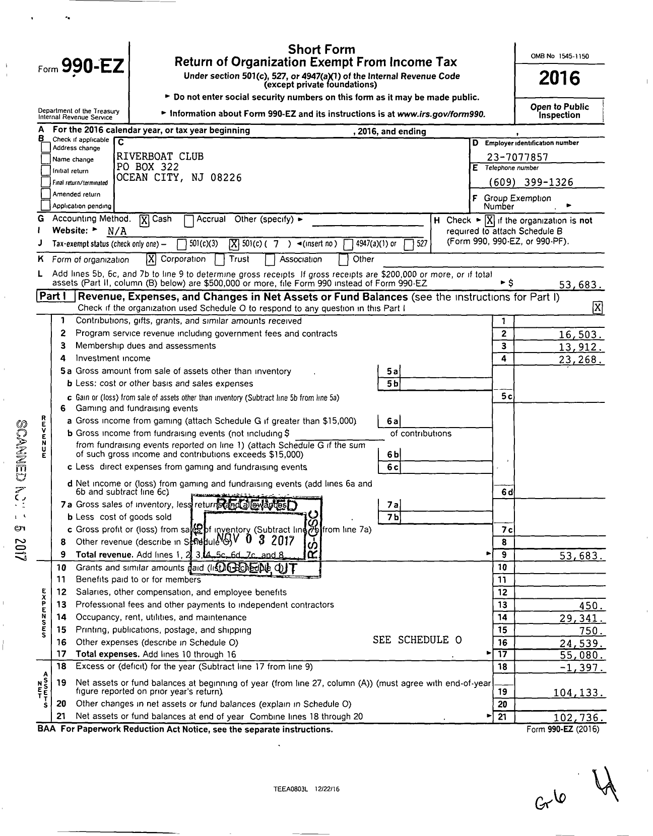 Image of first page of 2016 Form 990EO for Riverboat Club