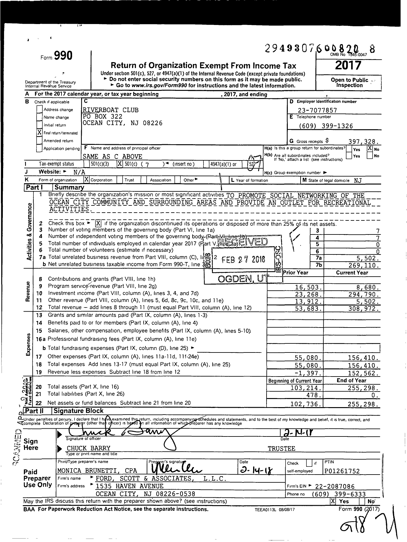 Image of first page of 2017 Form 990O for Riverboat Club