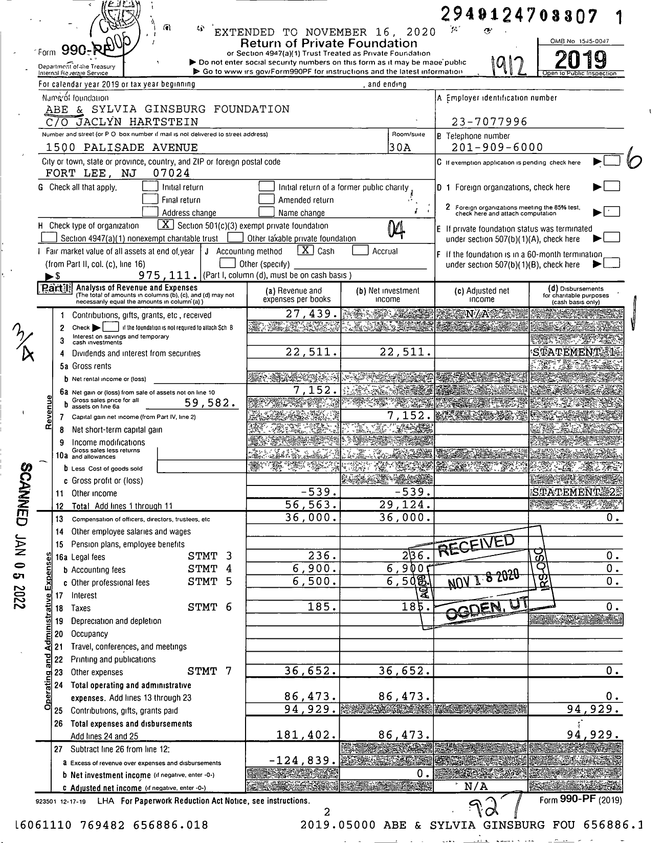 Image of first page of 2019 Form 990PF for Abe and Sylvia Ginsburg Foundation