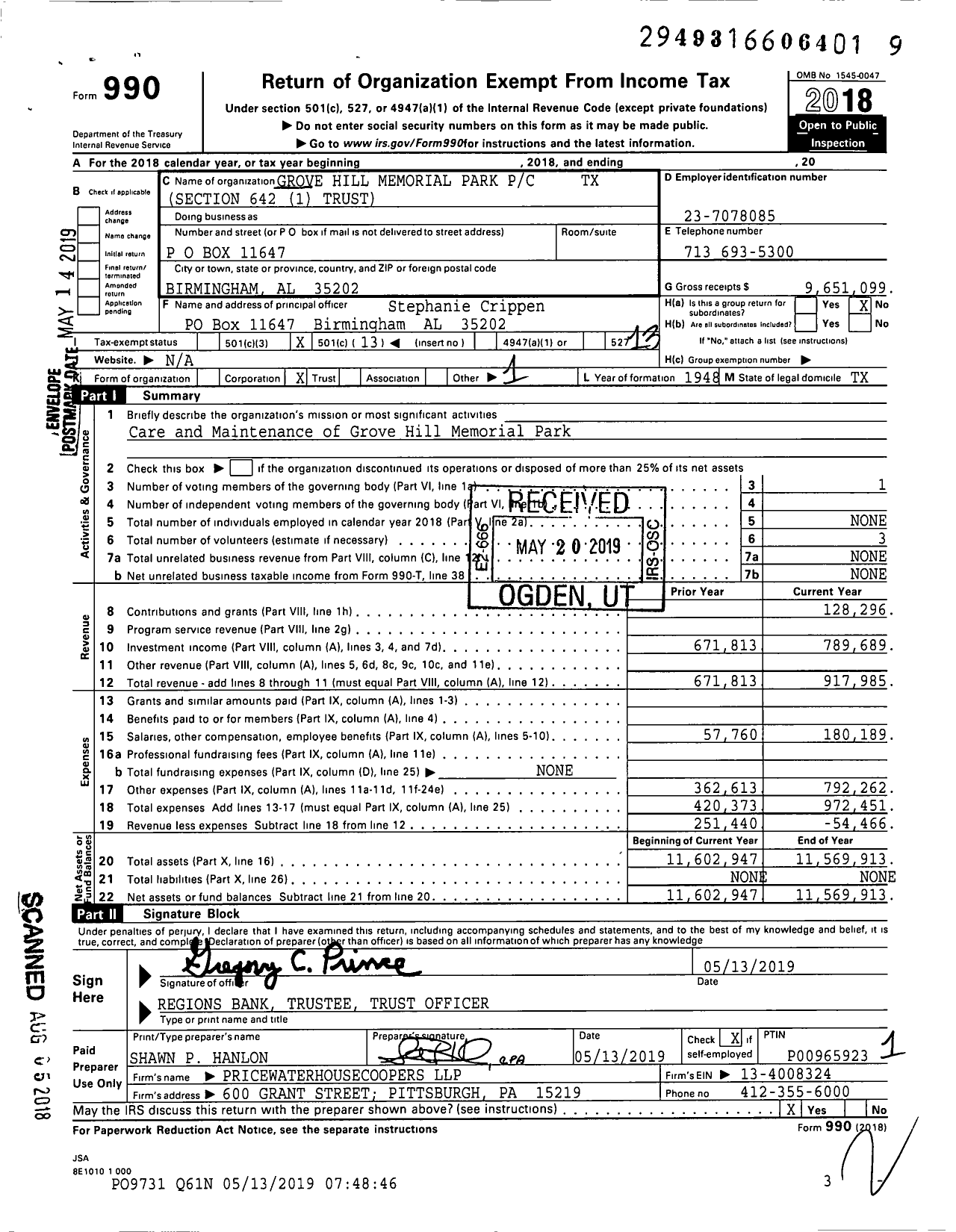Image of first page of 2018 Form 990O for Grove Hill Memorial Park PC TX (Section)