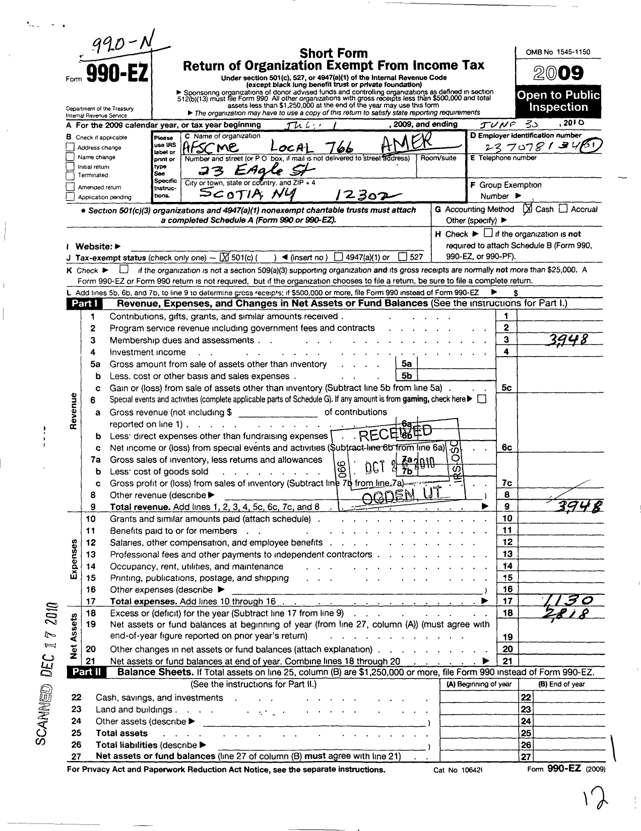 Image of first page of 2009 Form 990EO for American Federation of State County and Municipal Employees