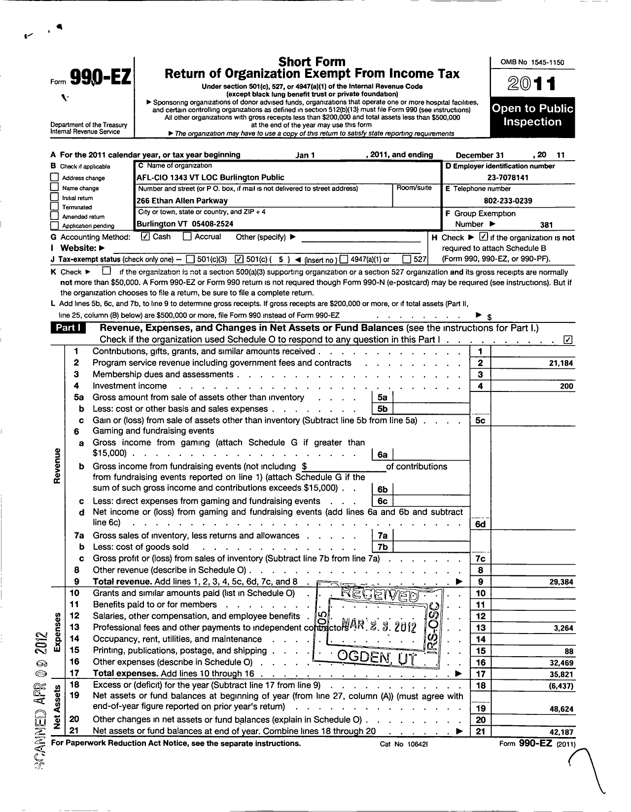 Image of first page of 2011 Form 990EO for American Federation of State County & Municipal Employees - L1343VT Burlington Area Public Emps