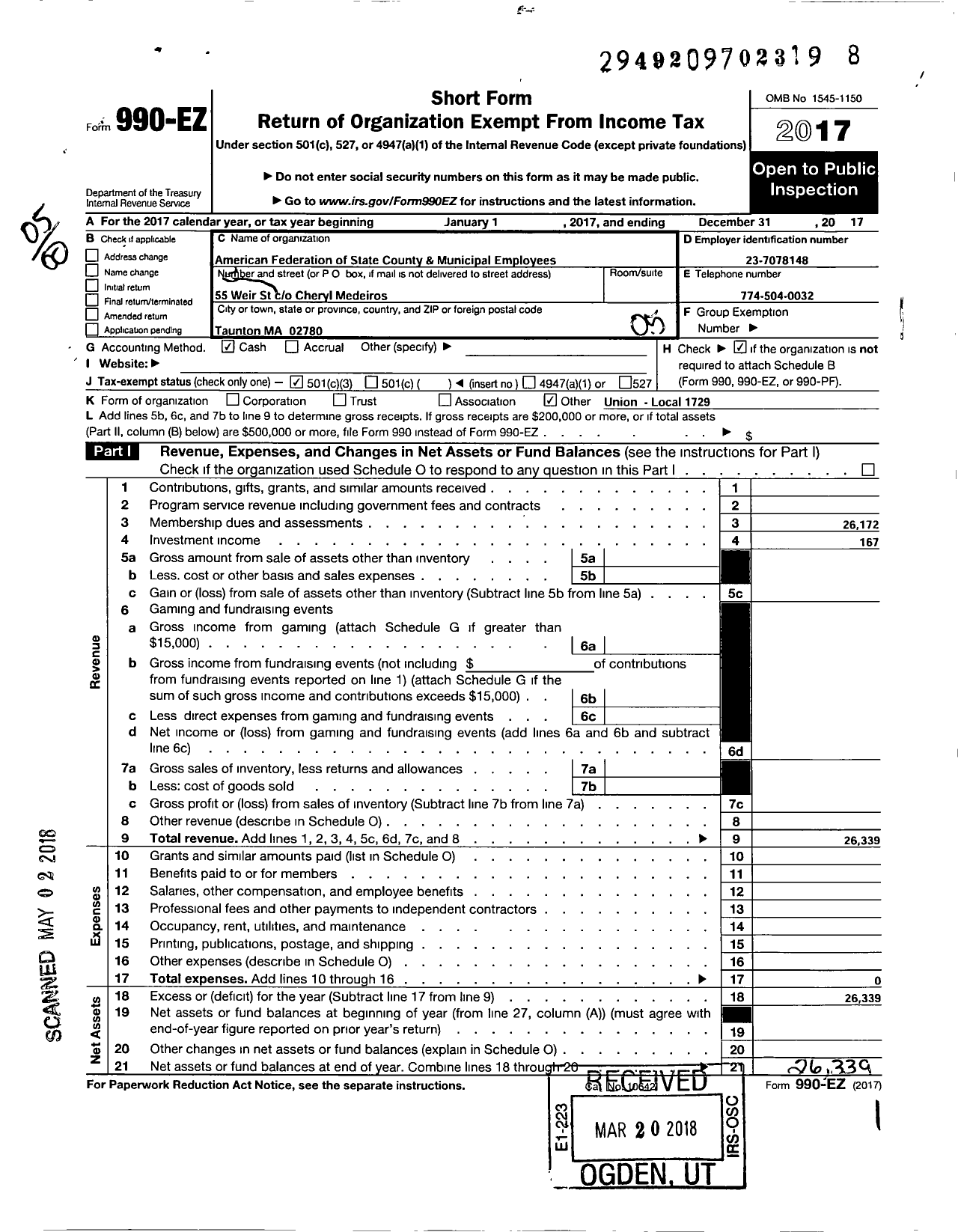 Image of first page of 2017 Form 990EO for American Federation of State County & Municipal Employees - L1729ma Taunton Ma Light Plant Emps