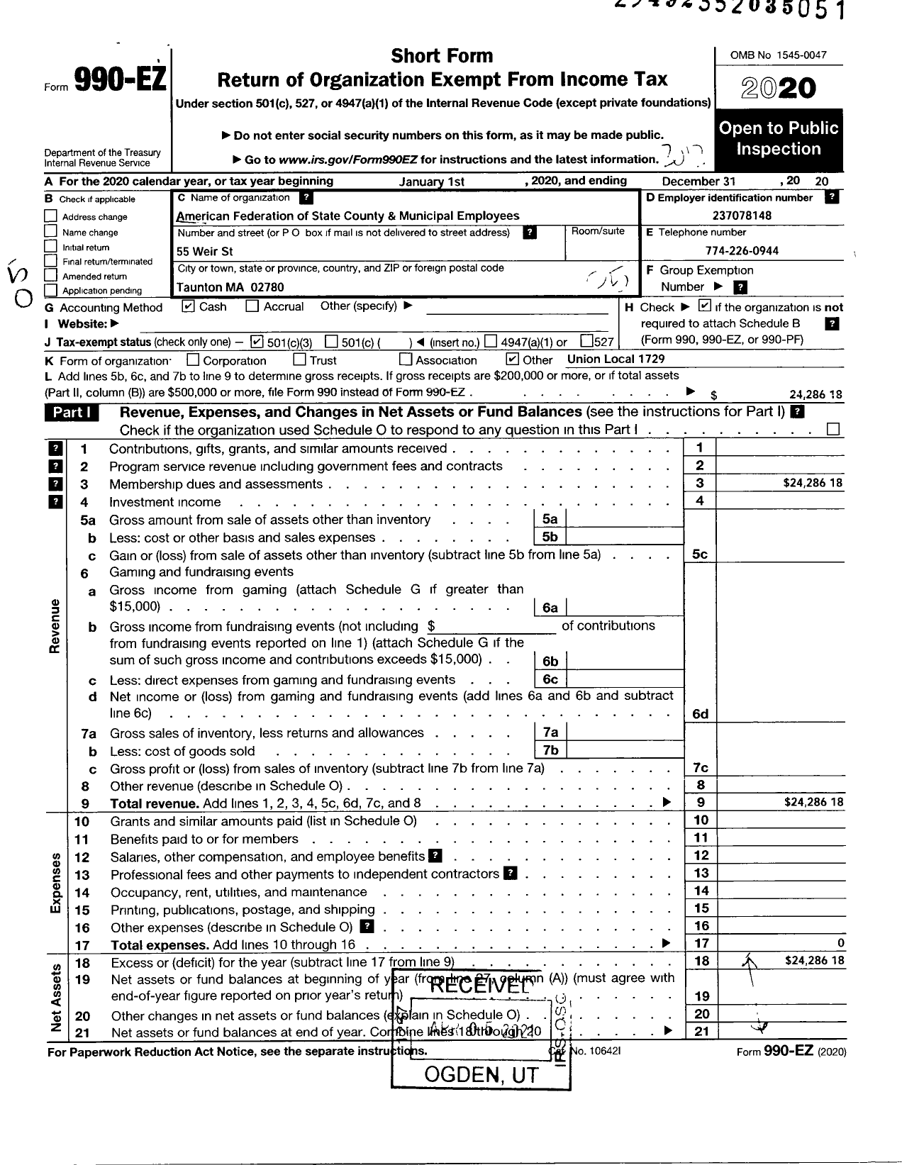 Image of first page of 2020 Form 990EO for American Federation of State County & Municipal Employees - L1729ma Taunton Ma Light Plant Emps