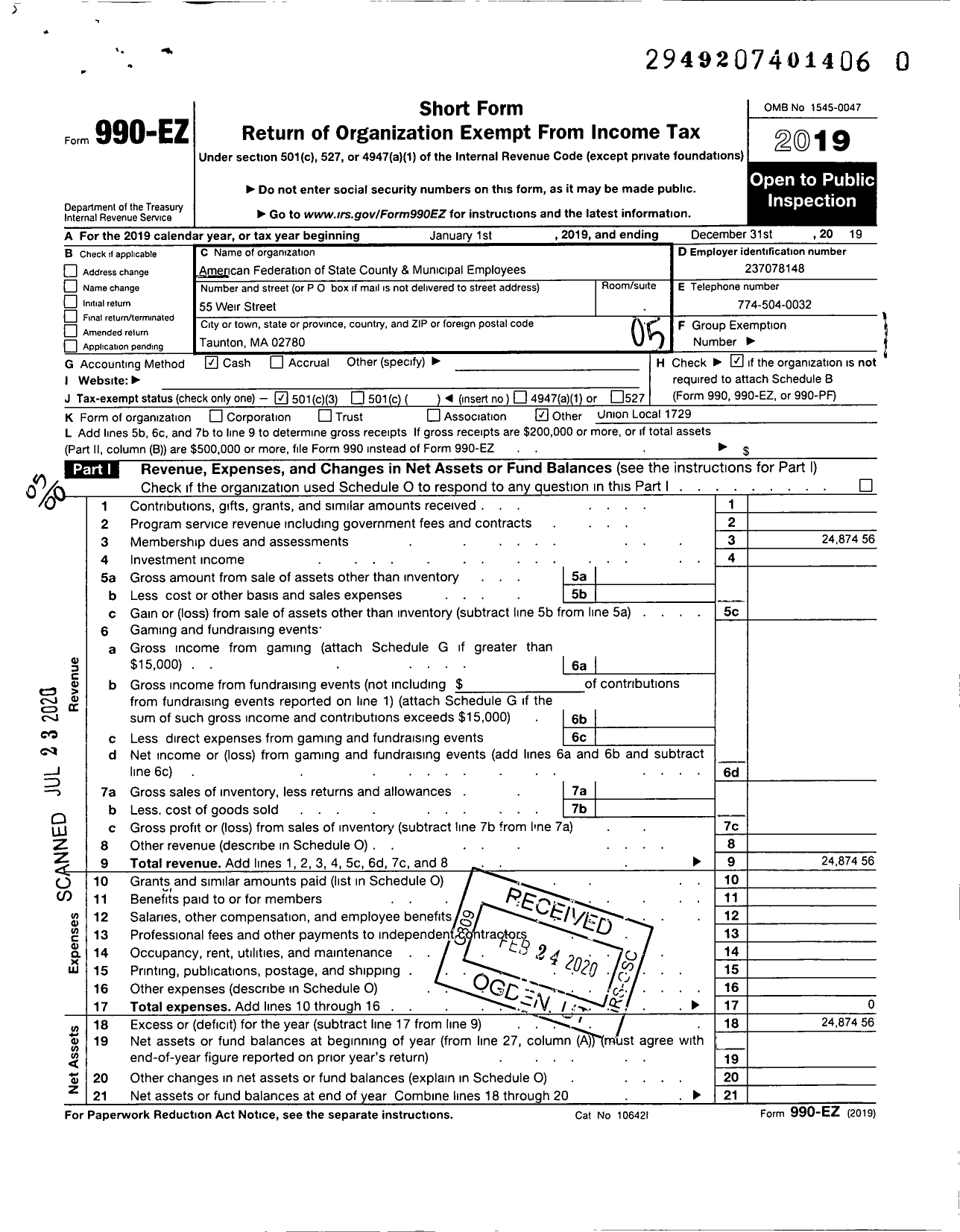 Image of first page of 2019 Form 990EO for American Federation of State County & Municipal Employees - L1729ma Taunton Ma Light Plant Emps