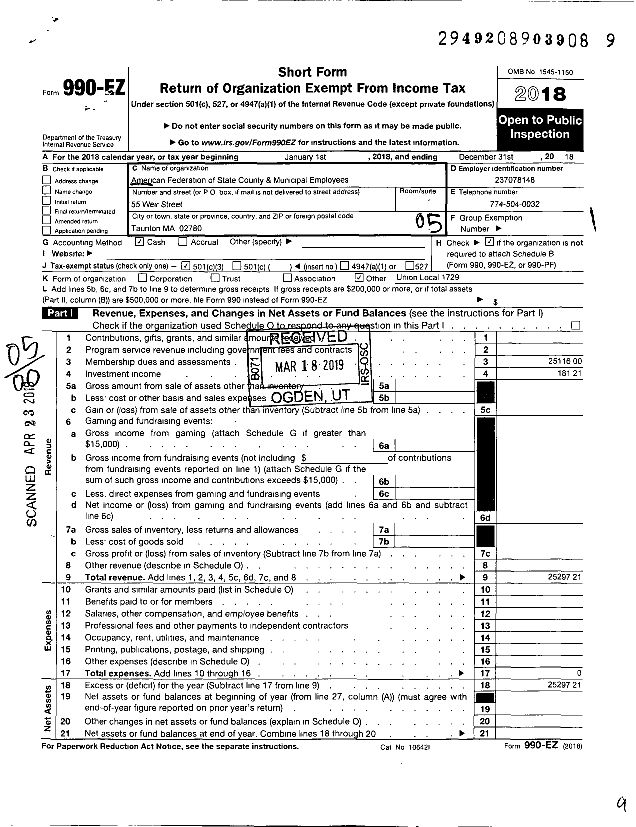 Image of first page of 2018 Form 990EO for American Federation of State County & Municipal Employees - L1729ma Taunton Ma Light Plant Emps