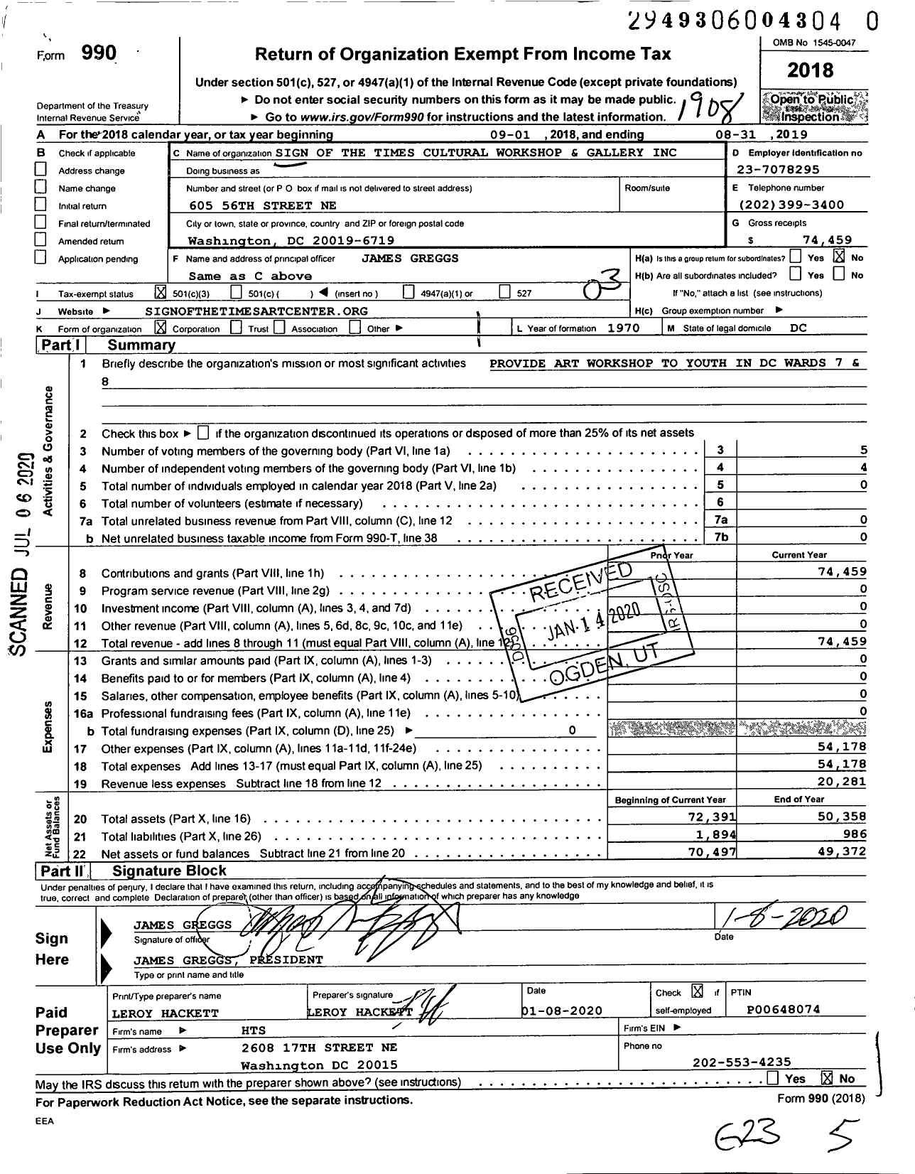 Image of first page of 2018 Form 990 for Sign of the Times Cultural Workshop and Gallery