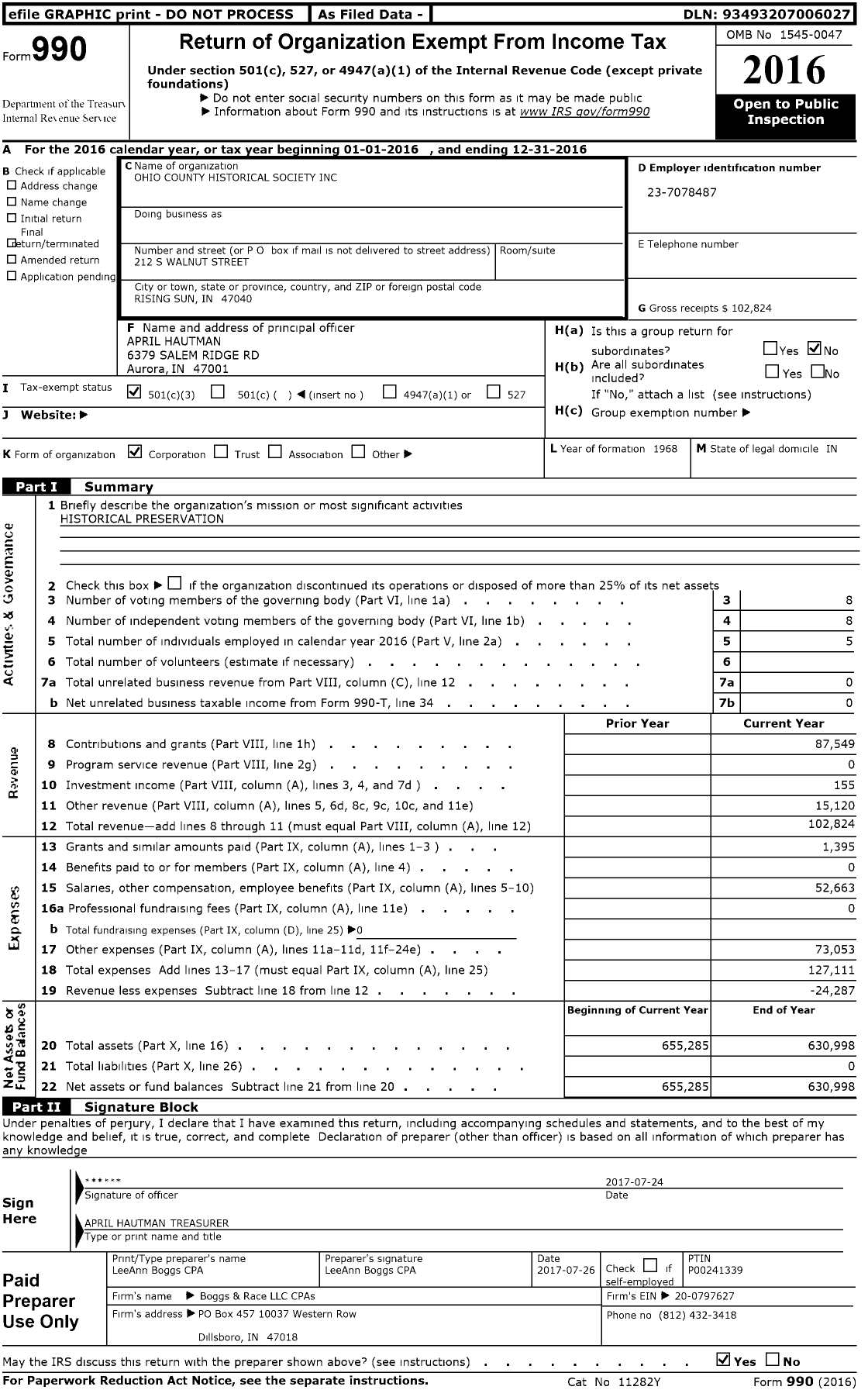 Image of first page of 2016 Form 990 for Ohio County Historical Society