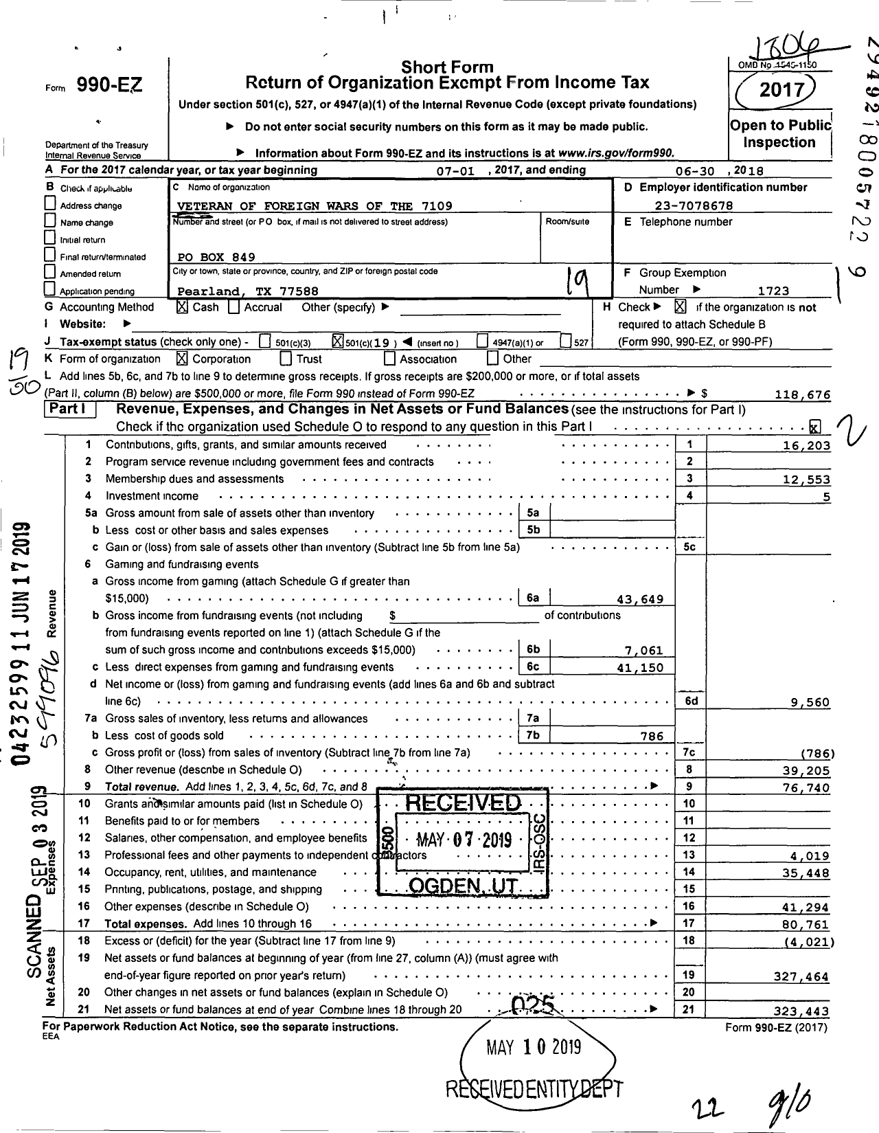 Image of first page of 2017 Form 990EO for Texas VFW - 7109 Pearland Memorial