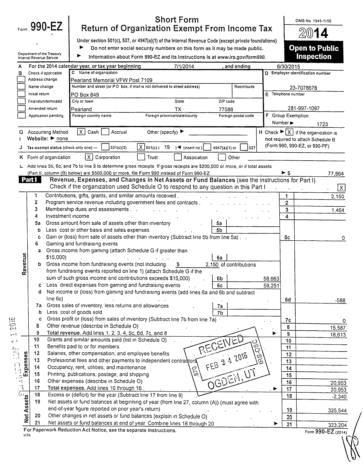 Image of first page of 2014 Form 990EO for Texas VFW - 7109 Pearland Memorial