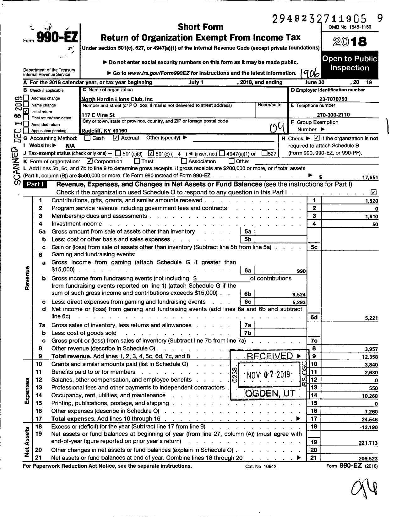 Image of first page of 2018 Form 990EO for Lions Clubs - 14010 North Hardin LC