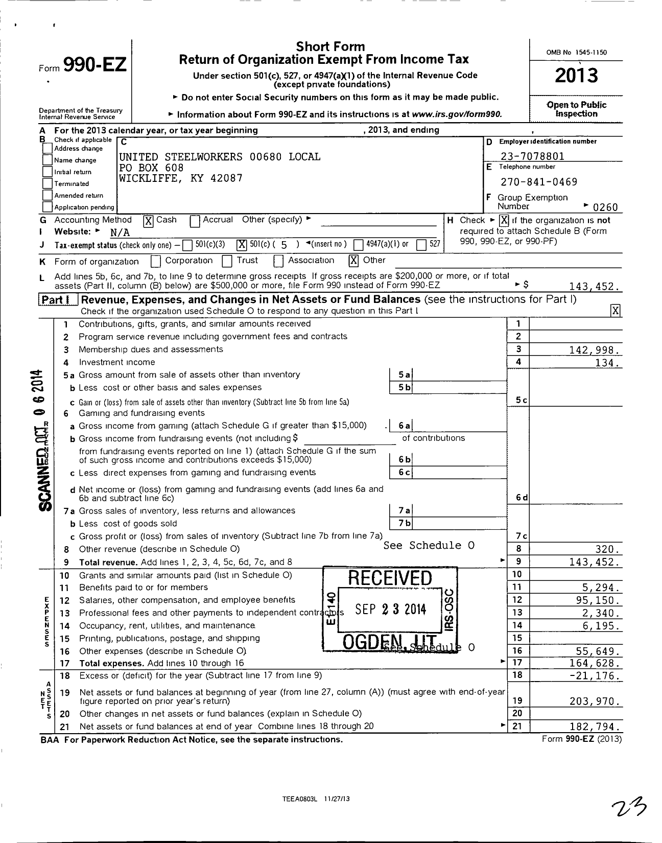 Image of first page of 2013 Form 990EO for United Steelworkers - 00680 Local