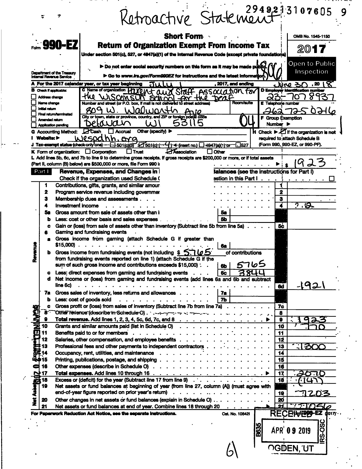 Image of first page of 2017 Form 990EO for Parent and Staff Association for the Wisconsin School for the Deaf