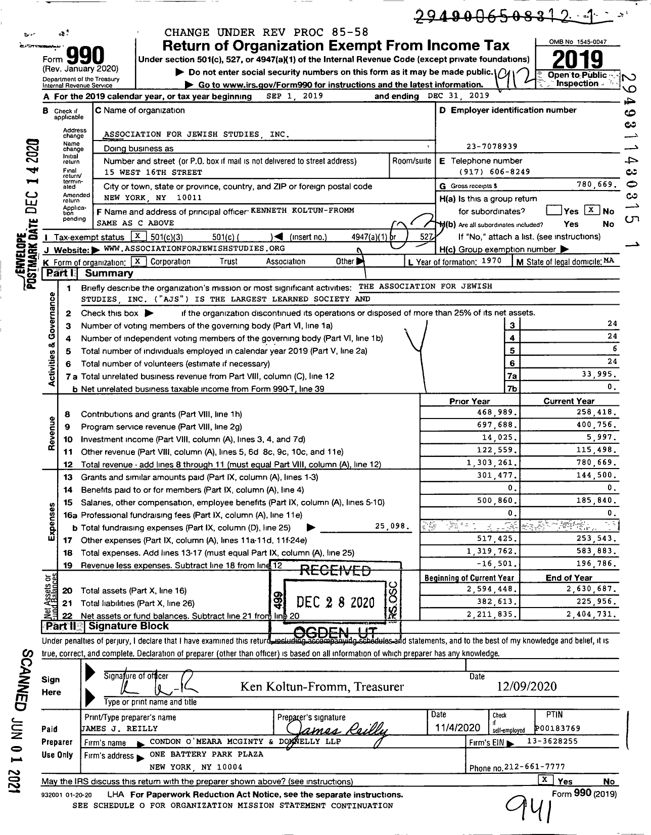 Image of first page of 2019 Form 990 for Association for Jewish Studies