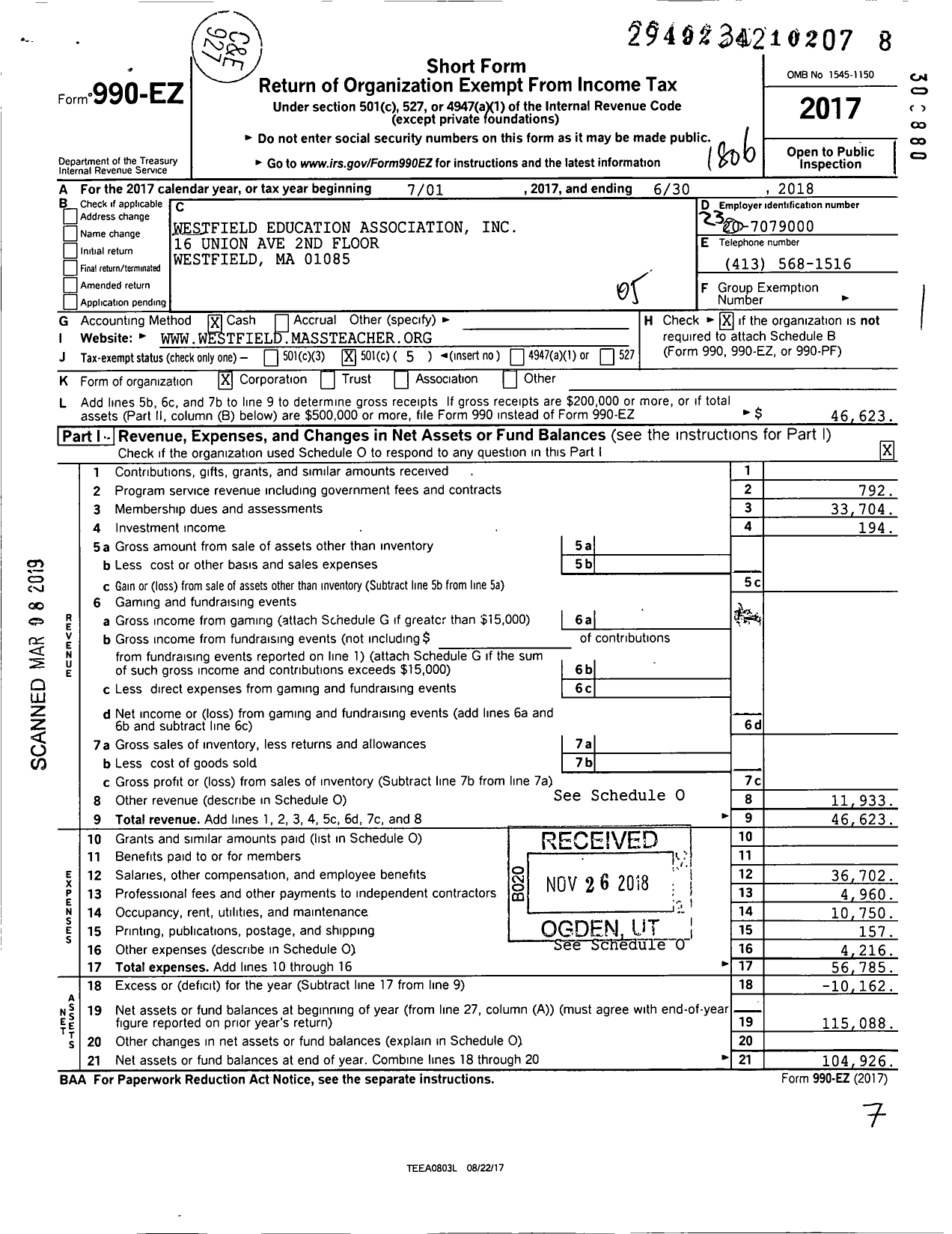 Image of first page of 2017 Form 990EO for Massachusetts Teachers Association - 365 Westfield Education Assn