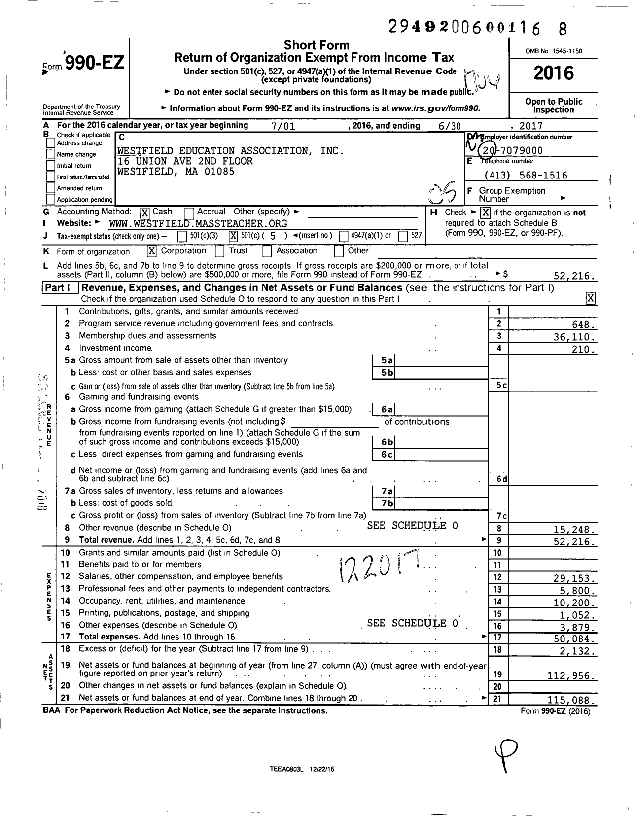 Image of first page of 2016 Form 990EO for Massachusetts Teachers Association - 365 Westfield Education Assn