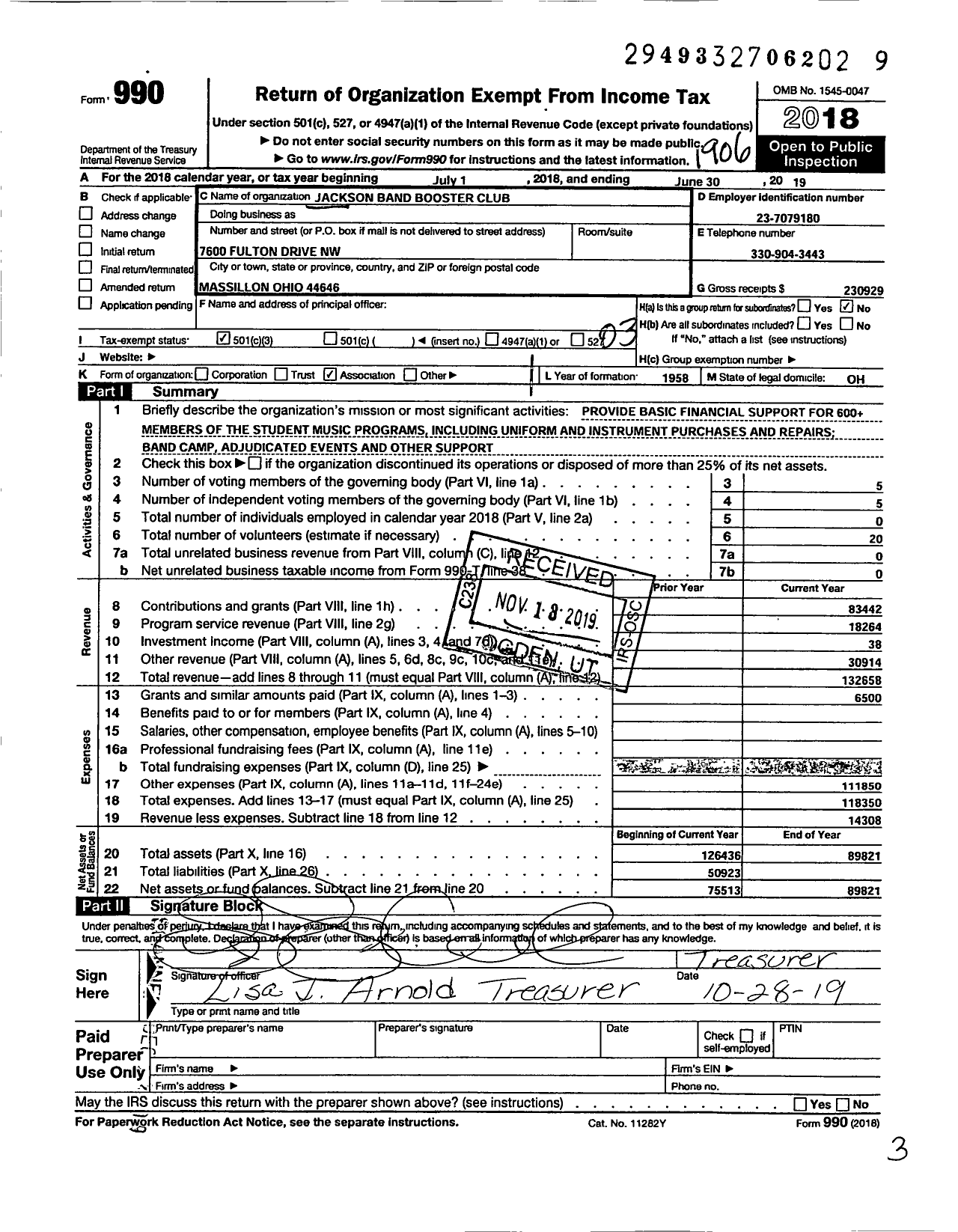 Image of first page of 2018 Form 990 for Jackson Band Booster Club