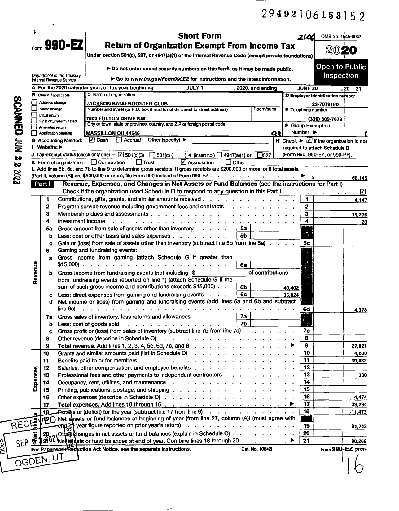 Image of first page of 2020 Form 990EZ for Jackson Band Booster Club