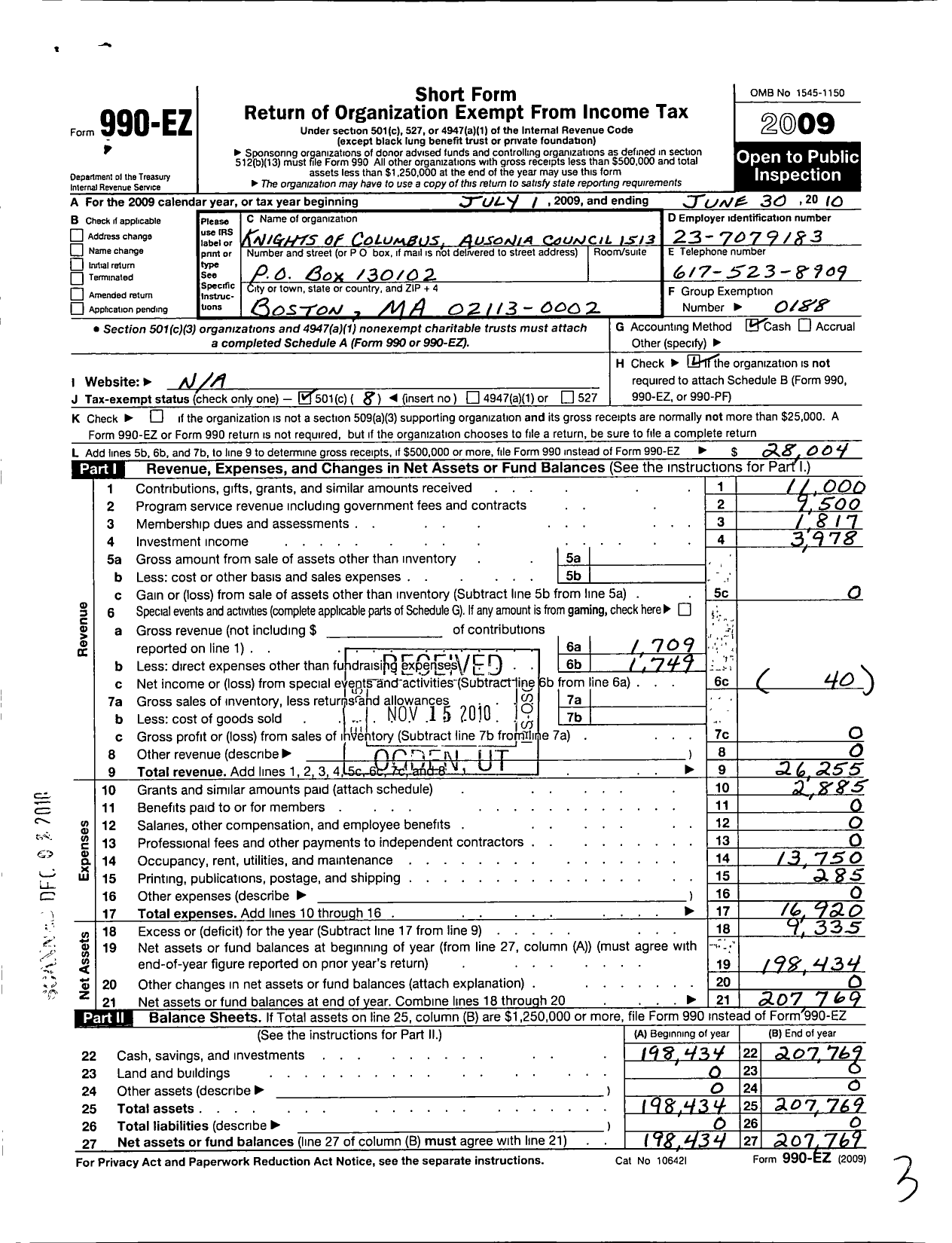 Image of first page of 2009 Form 990EO for Knights of Columbus - 1513 Ausonia Council