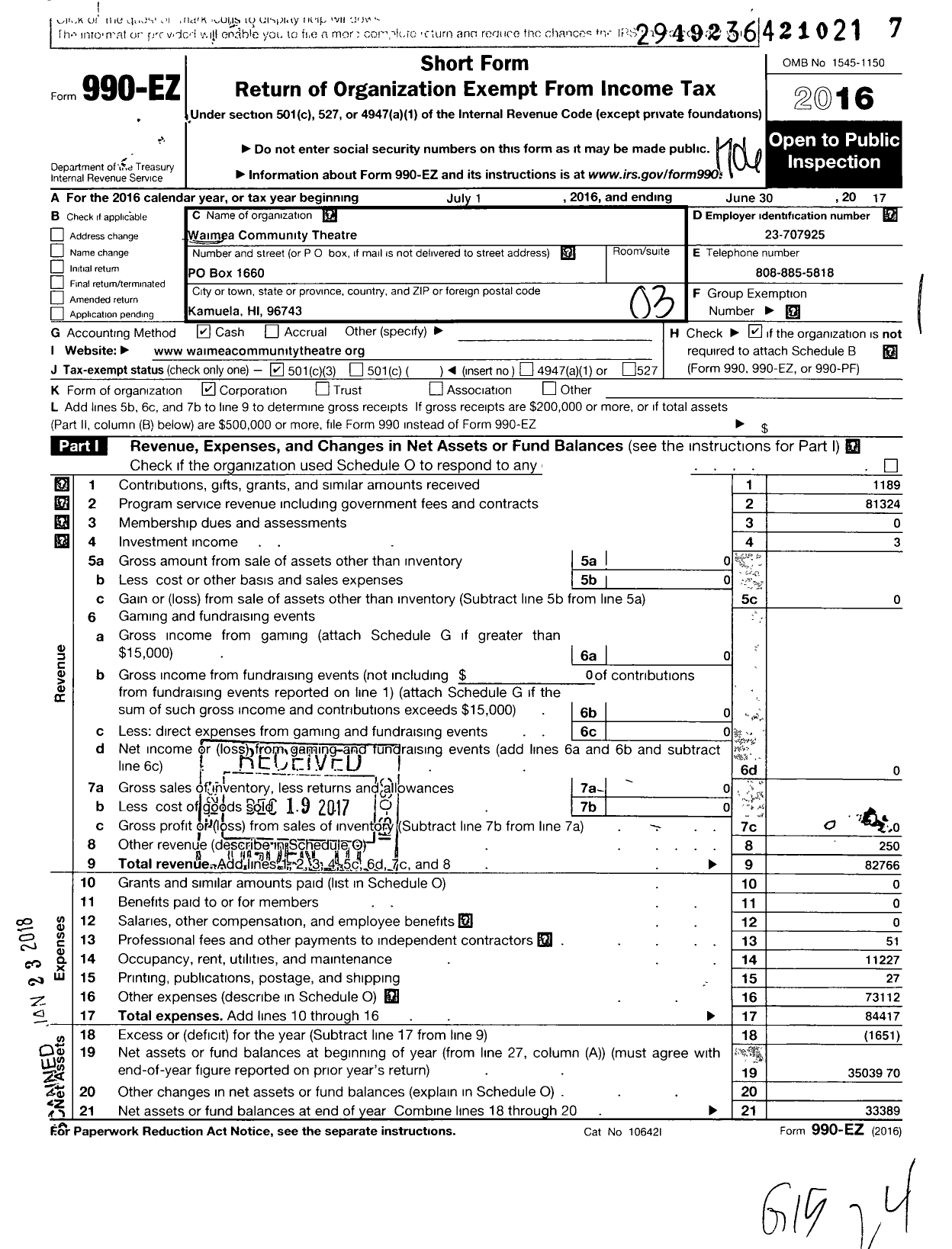 Image of first page of 2016 Form 990EZ for Waimea Community Theatre