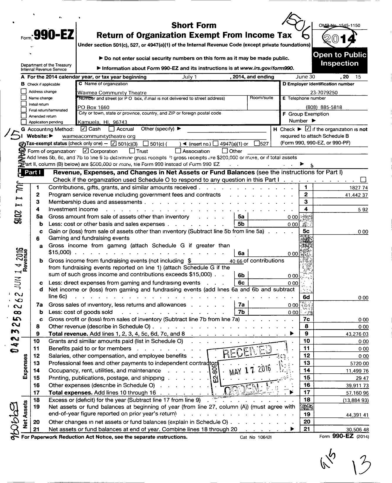 Image of first page of 2014 Form 990EZ for Waimea Community Theatre