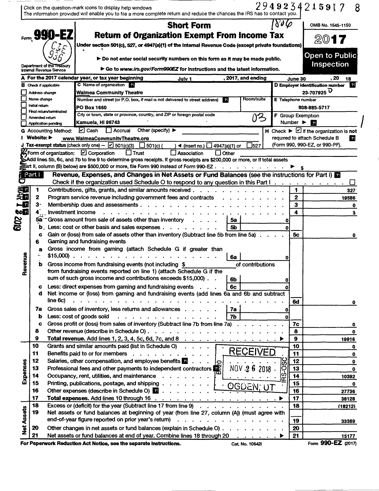 Image of first page of 2017 Form 990EZ for Waimea Community Theatre