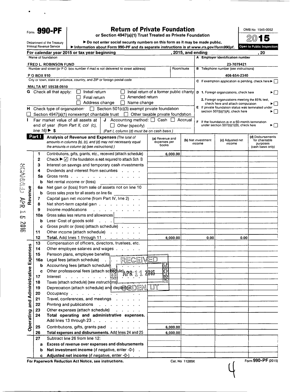 Image of first page of 2015 Form 990PF for Fred L Robinson Fund