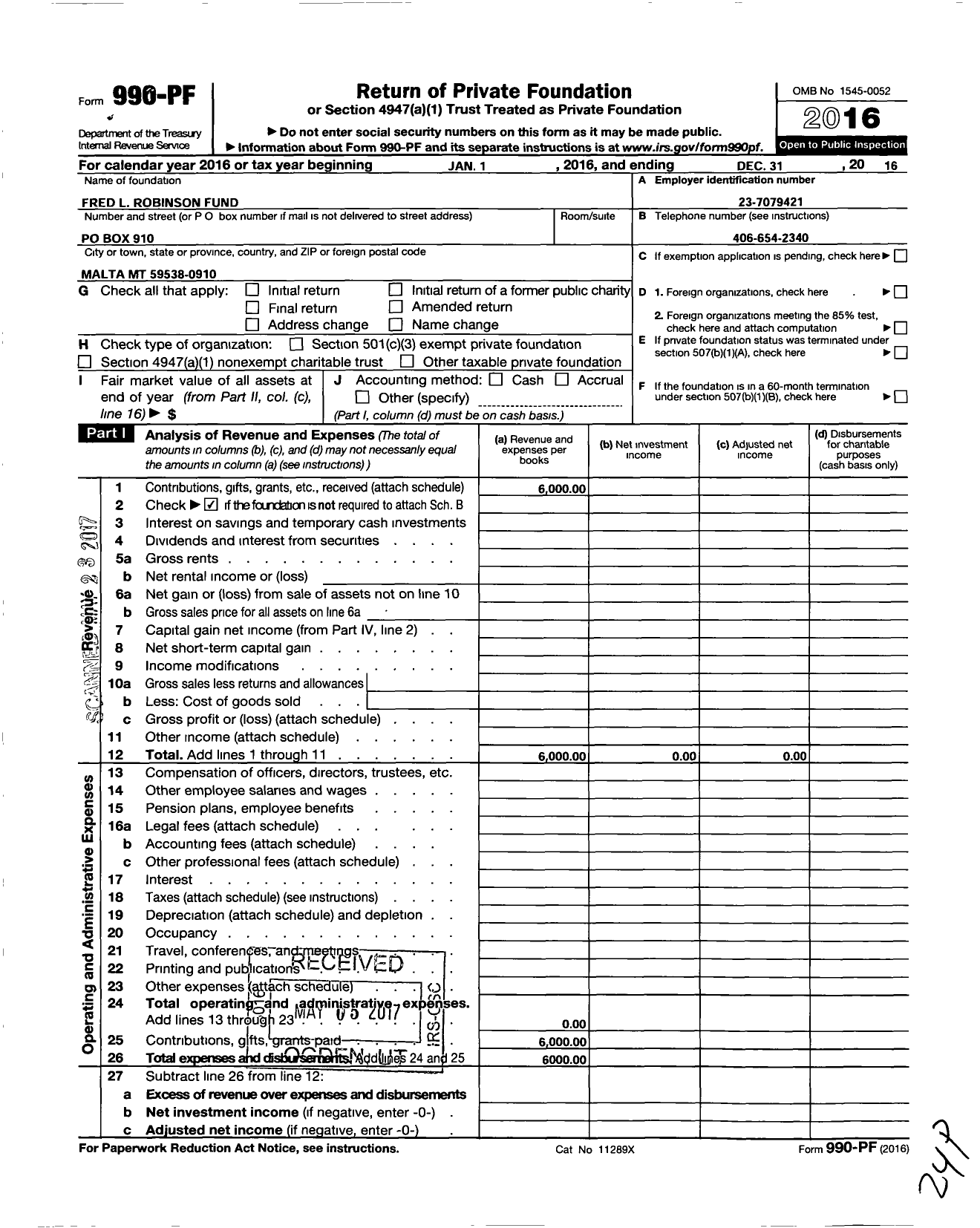 Image of first page of 2016 Form 990PF for Fred L Robinson Fund