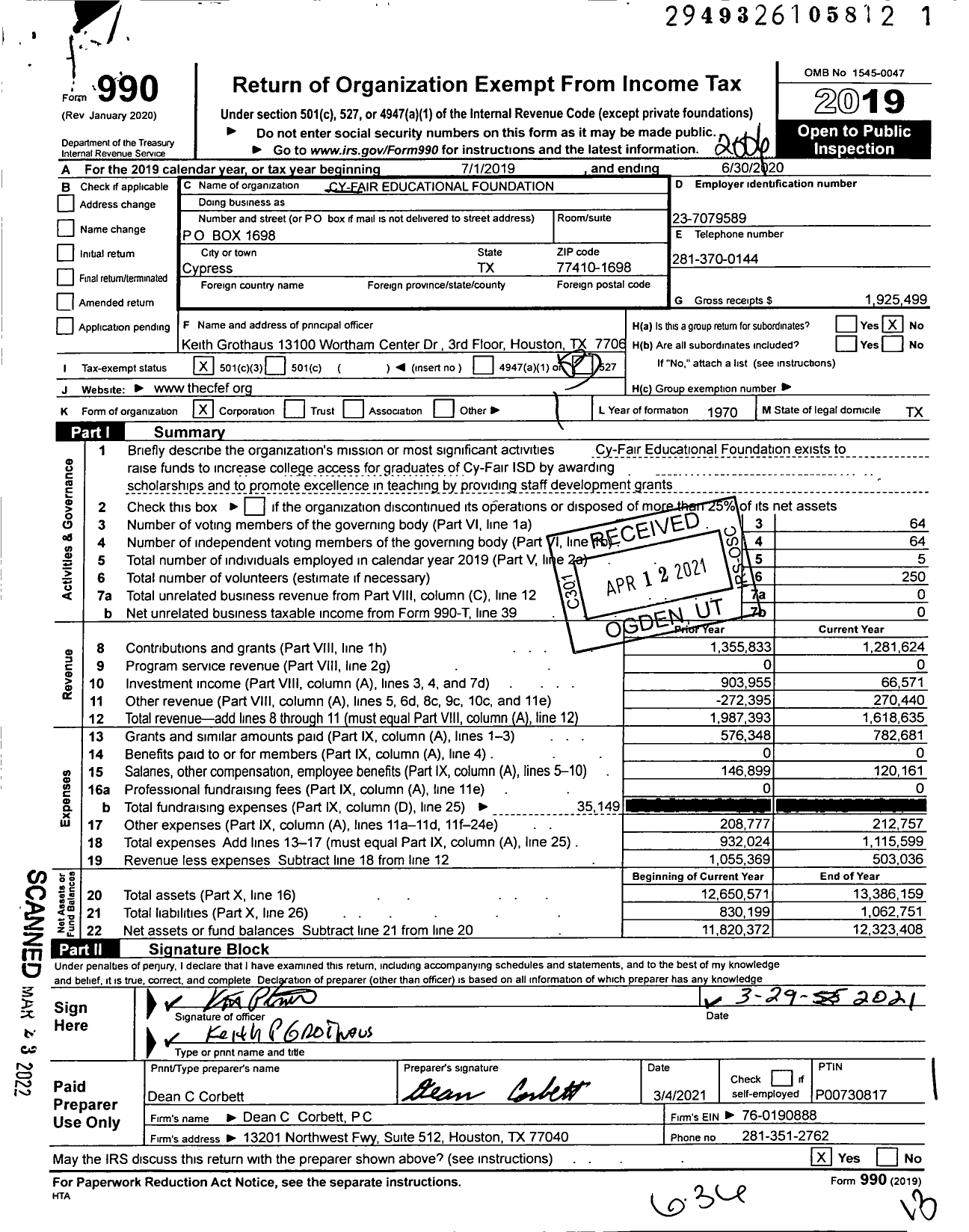 Image of first page of 2019 Form 990 for Cy-Fair Educational Foundation