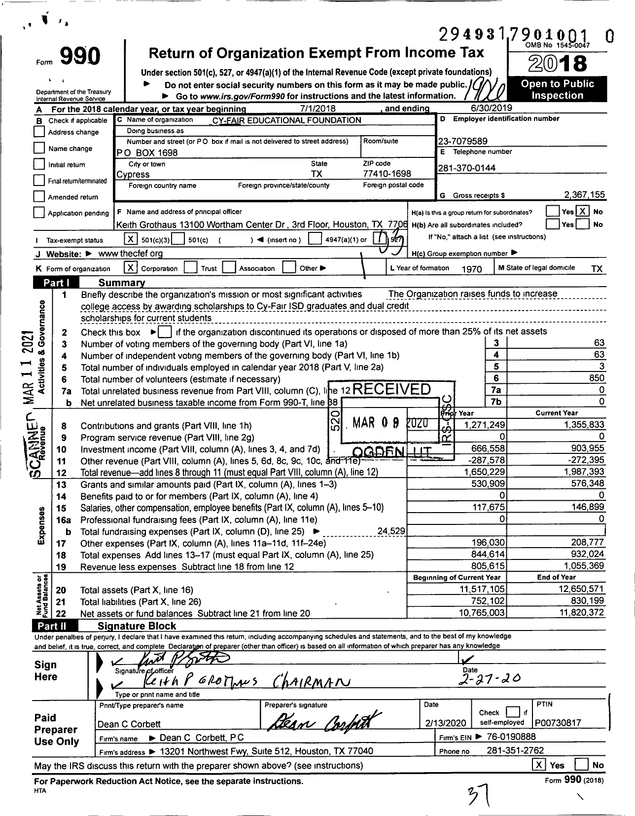 Image of first page of 2018 Form 990 for Cy-Fair Educational Foundation