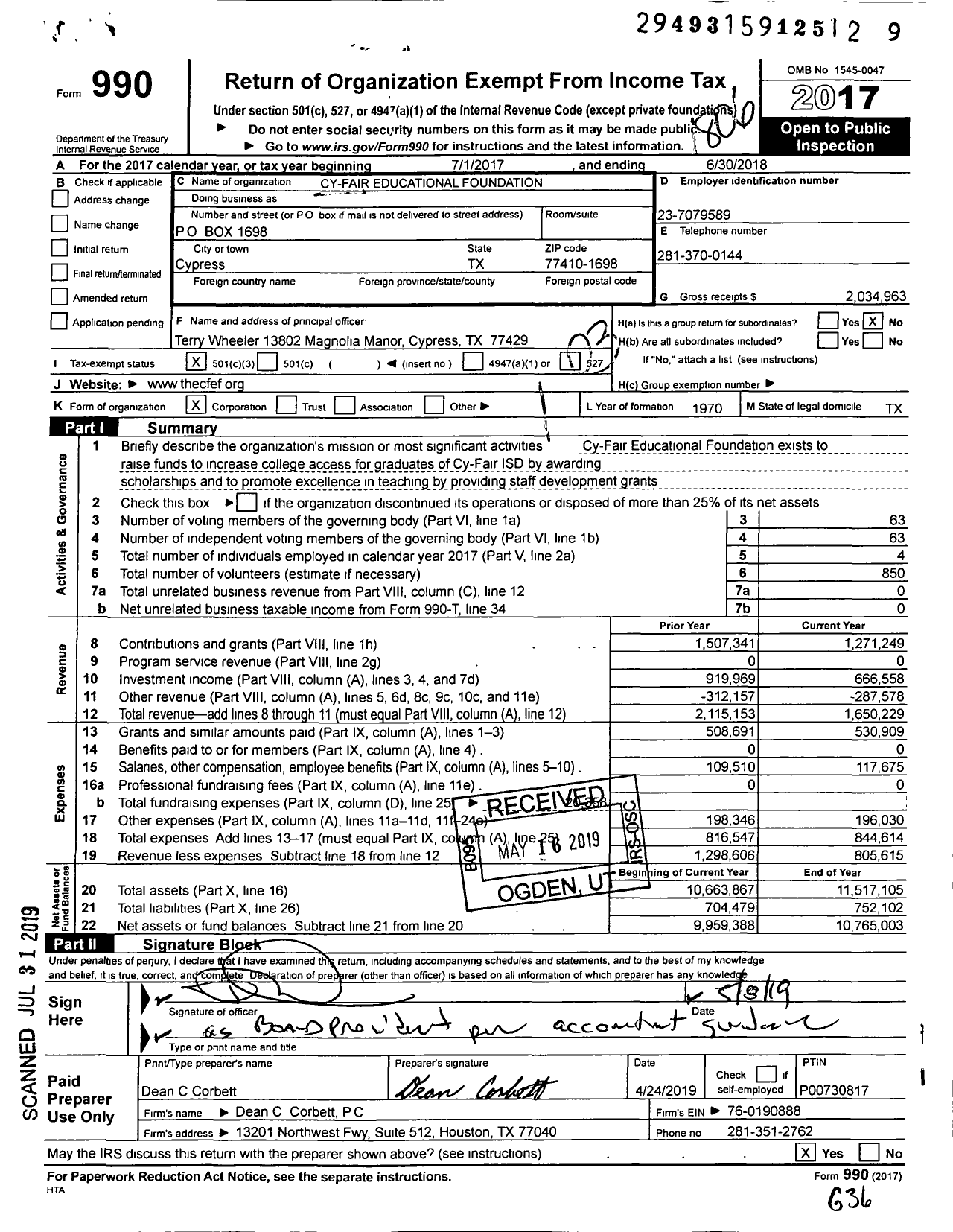 Image of first page of 2017 Form 990 for Cy-Fair Educational Foundation