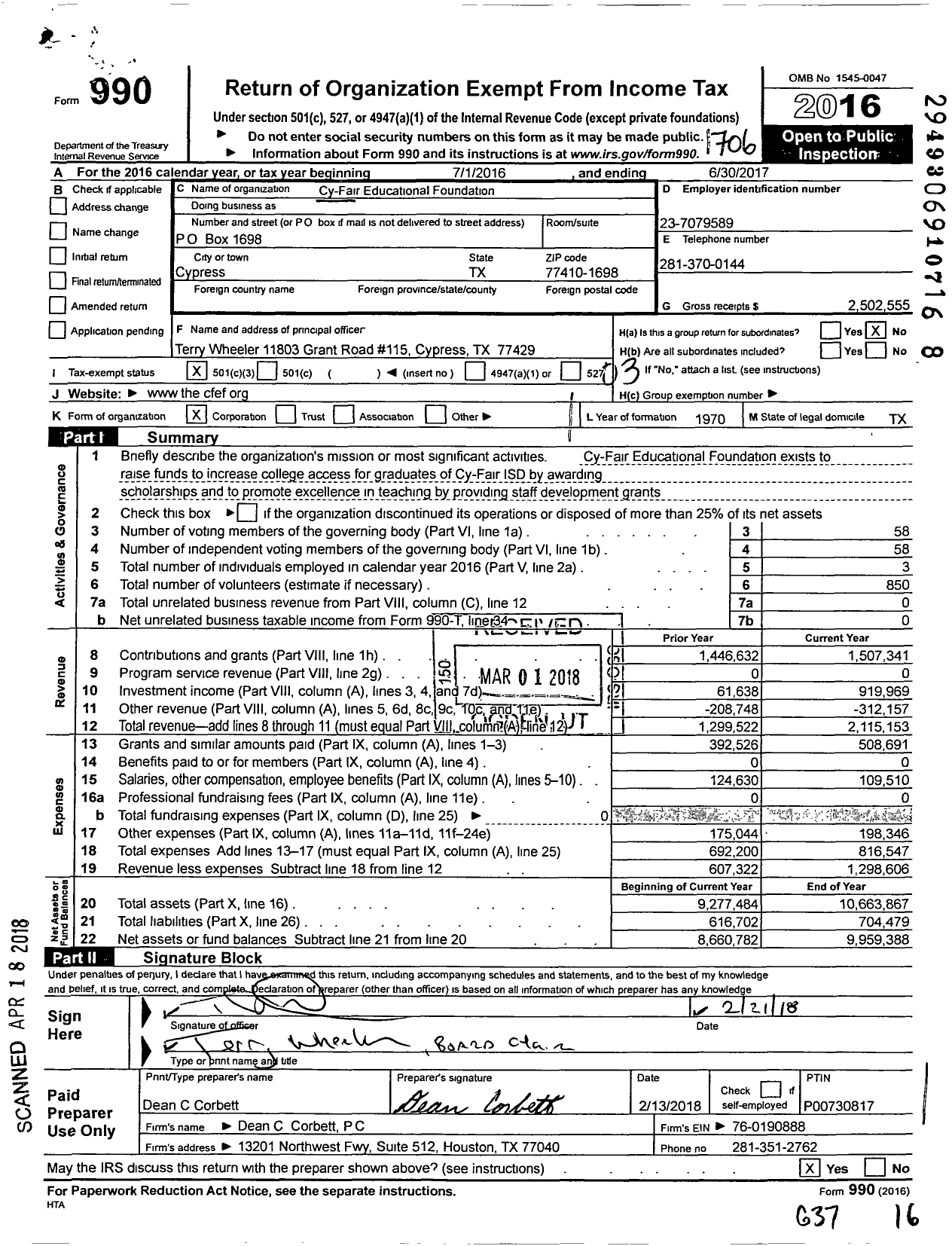 Image of first page of 2016 Form 990 for Cy-Fair Educational Foundation