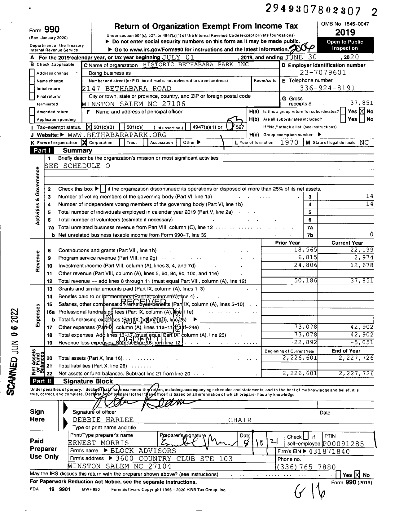 Image of first page of 2019 Form 990 for Historic Bethabara Park