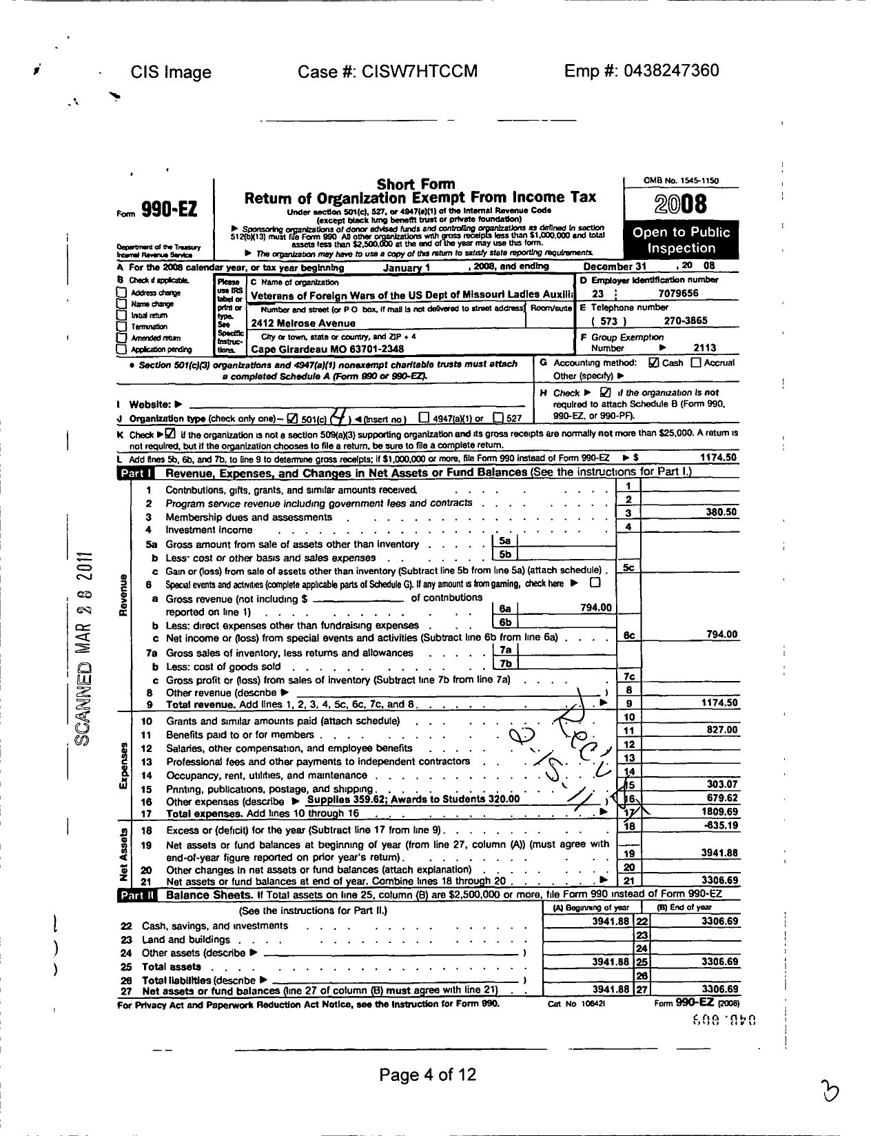 Image of first page of 2008 Form 990EO for VFW Auxiliary Department of Missouri - 15 VFW Auxiliary District Department of M
