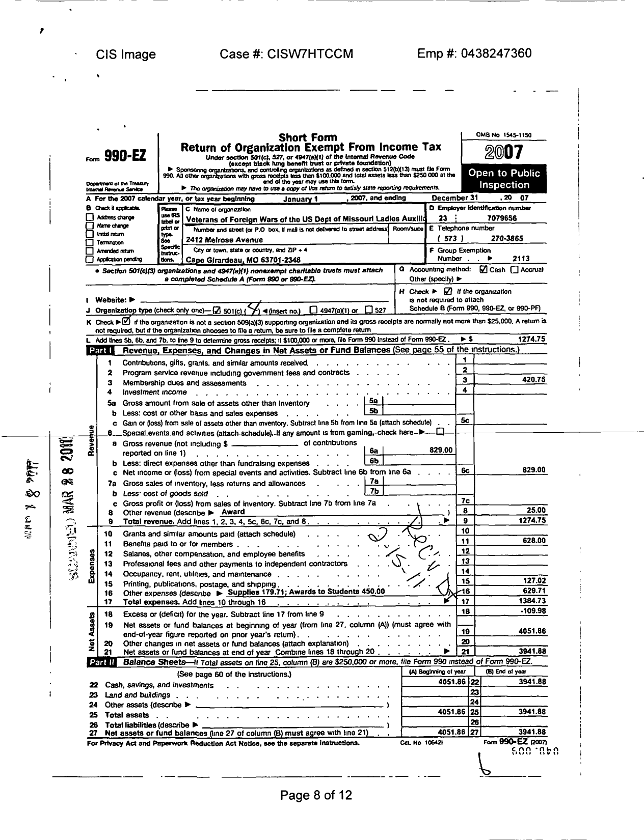 Image of first page of 2007 Form 990EO for VFW Auxiliary Department of Missouri - 15 VFW Auxiliary District Department of M