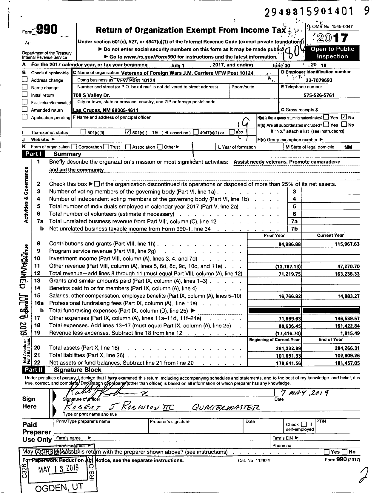 Image of first page of 2017 Form 990O for Veterans of Foreign Wars JM Carriere VFW Post 10124 - VFW Post 10121
