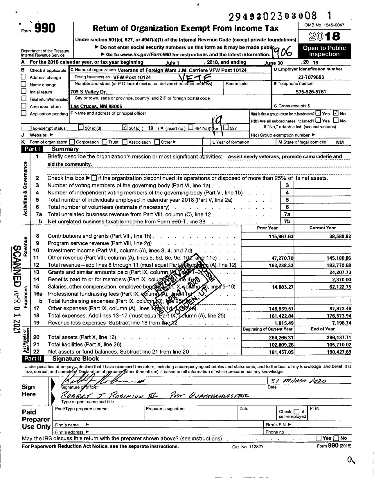 Image of first page of 2018 Form 990O for Veterans of Foreign Wars JM Carriere VFW Post 10124 - VFW Post 10121