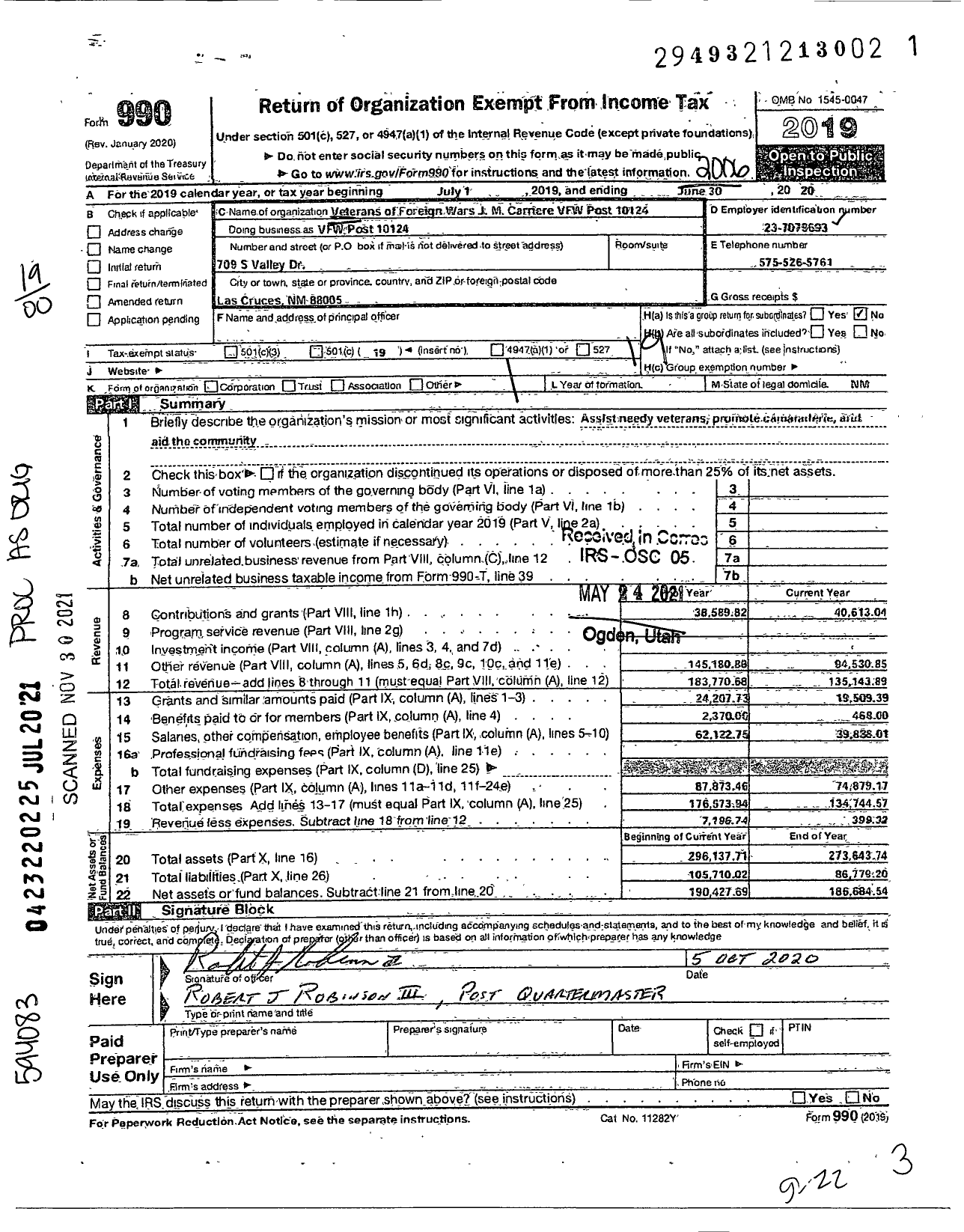 Image of first page of 2019 Form 990O for Veterans of Foreign Wars JM Carriere VFW Post 10124 - VFW Post 10121