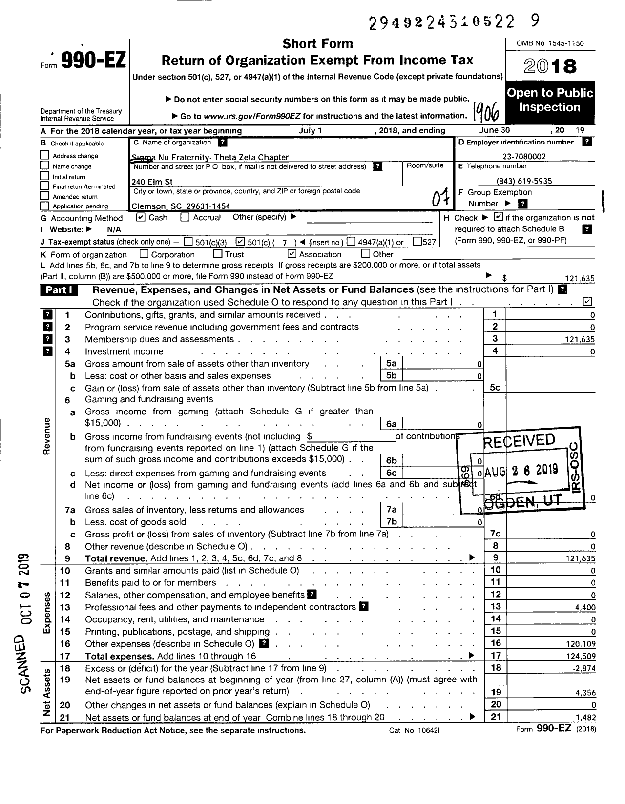 Image of first page of 2018 Form 990EO for Sigma Nu Fraternity - Theta Zeta