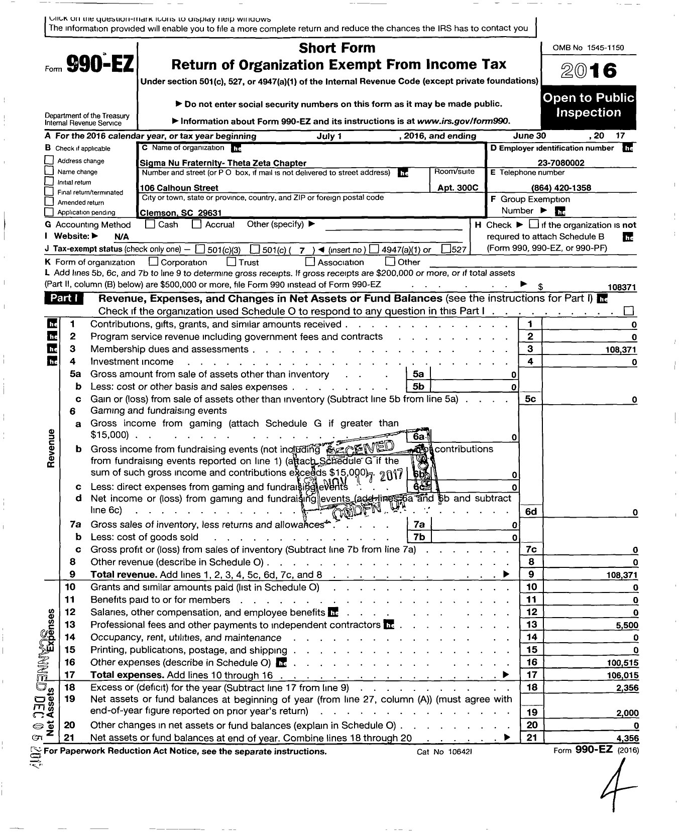 Image of first page of 2016 Form 990EO for Sigma Nu Fraternity - Theta Zeta