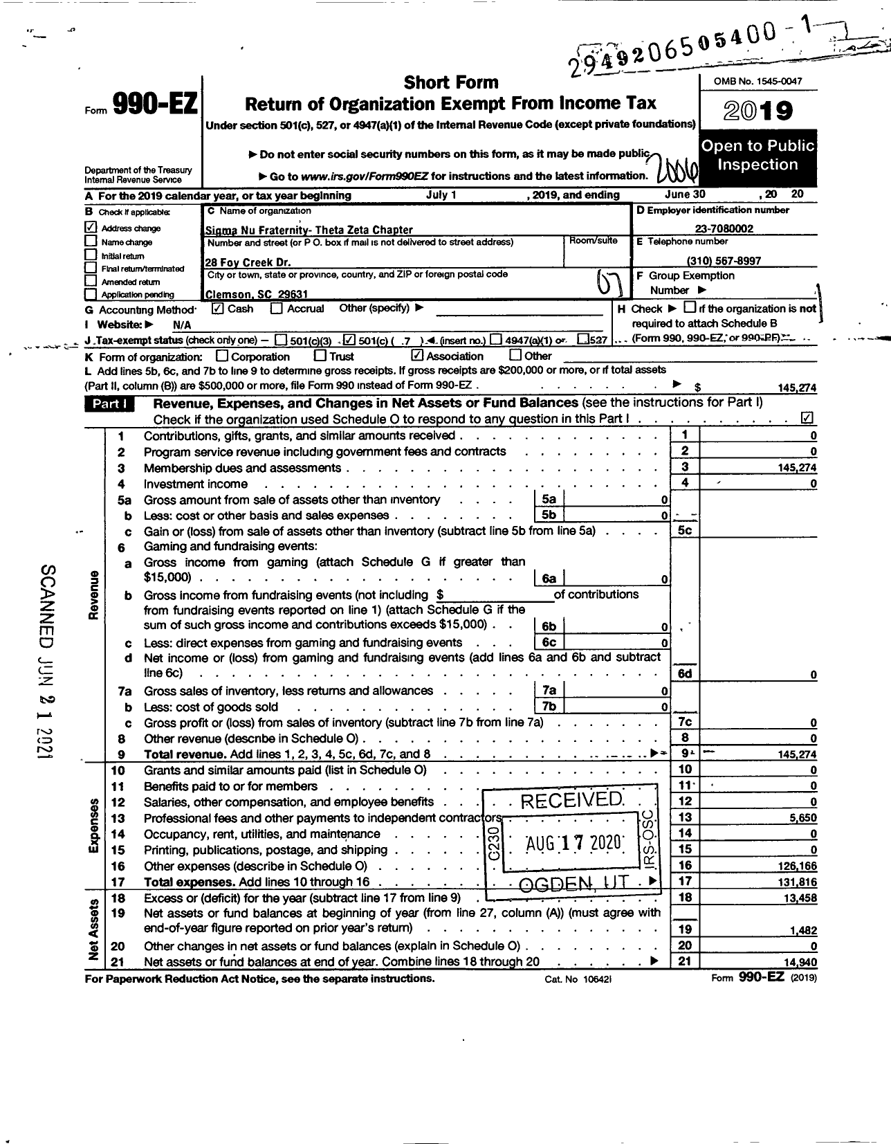 Image of first page of 2019 Form 990EO for Sigma Nu Fraternity - Theta Zeta