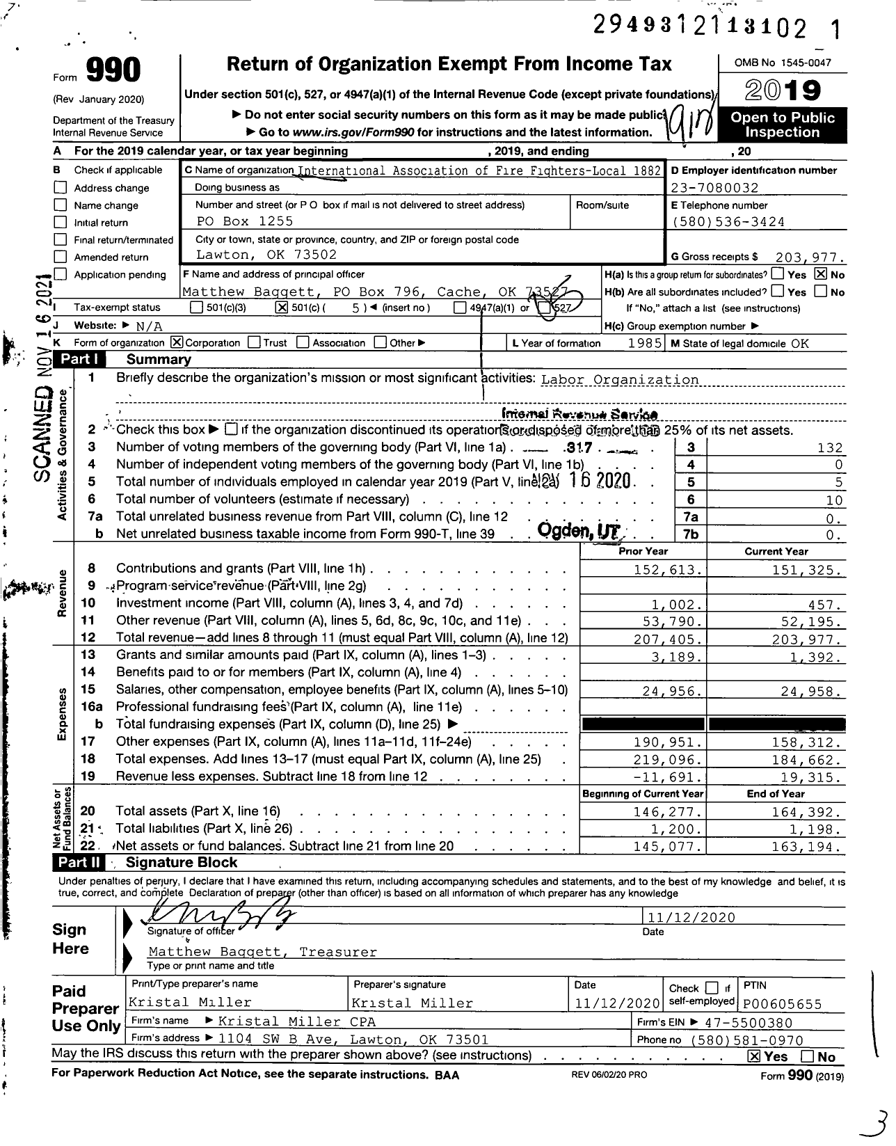 Image of first page of 2019 Form 990O for International Association of Fire Fighters - L1882 Lawton