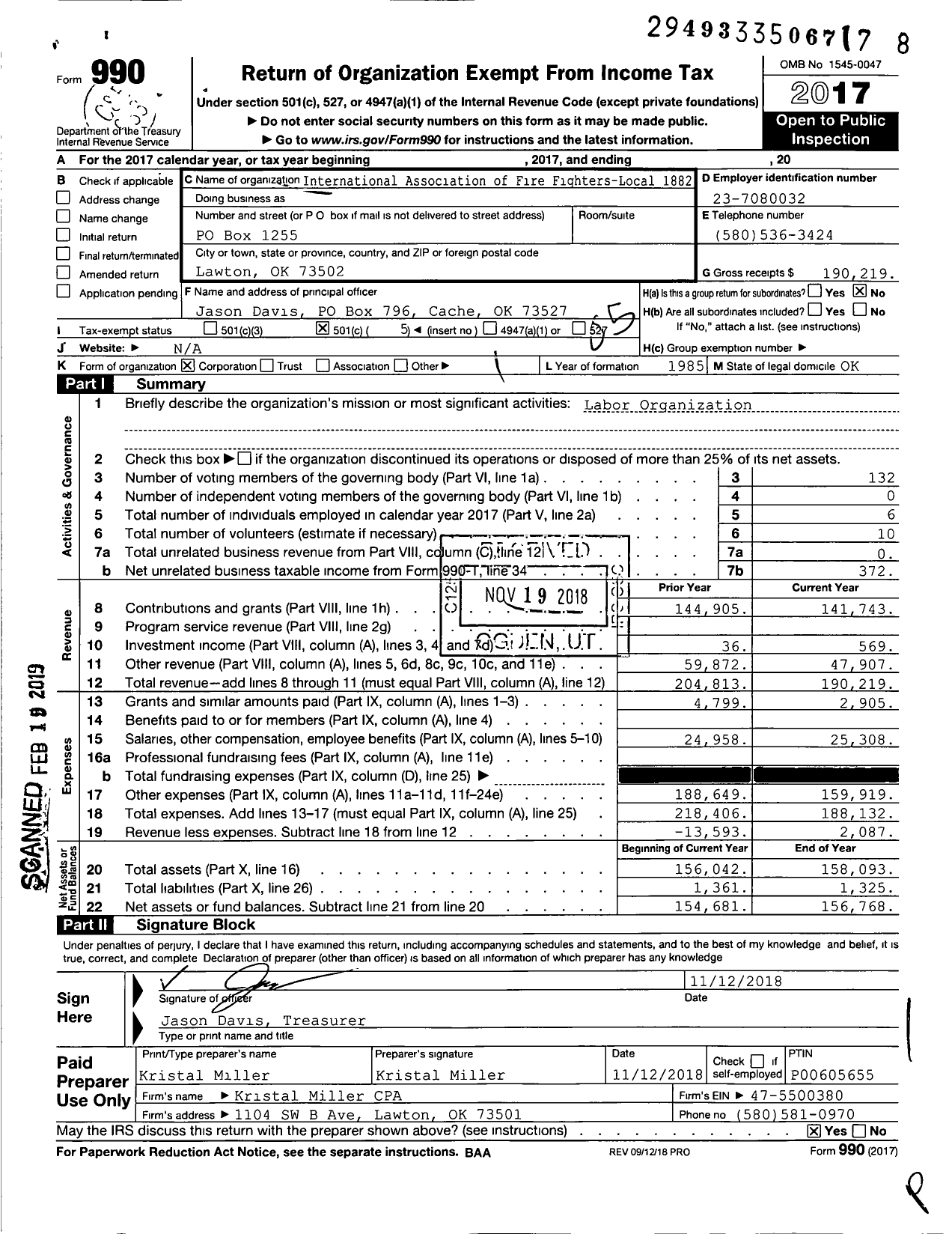 Image of first page of 2017 Form 990O for International Association of Fire Fighters - L1882 Lawton