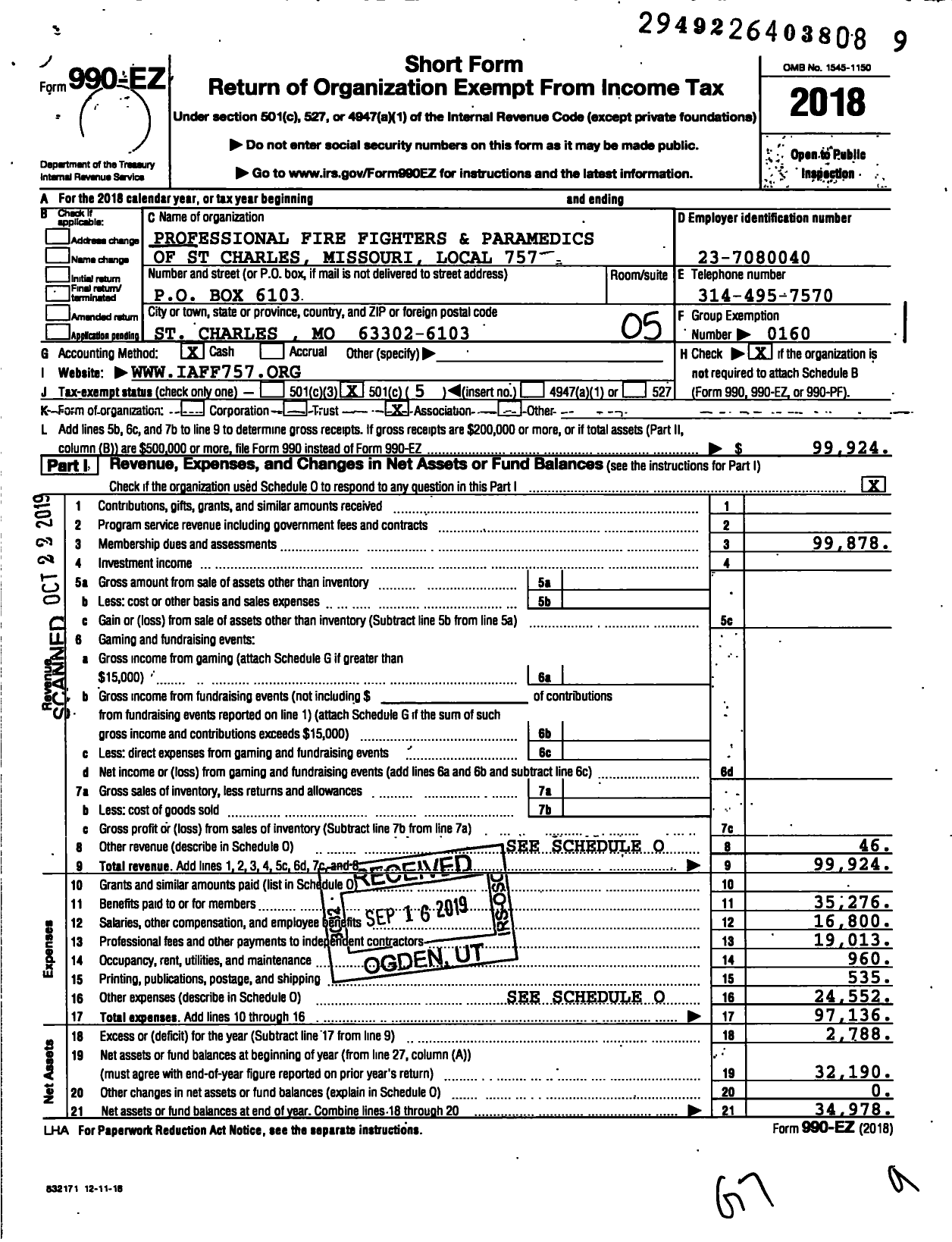 Image of first page of 2018 Form 990EO for International Association of Fire Fighters - Local 757