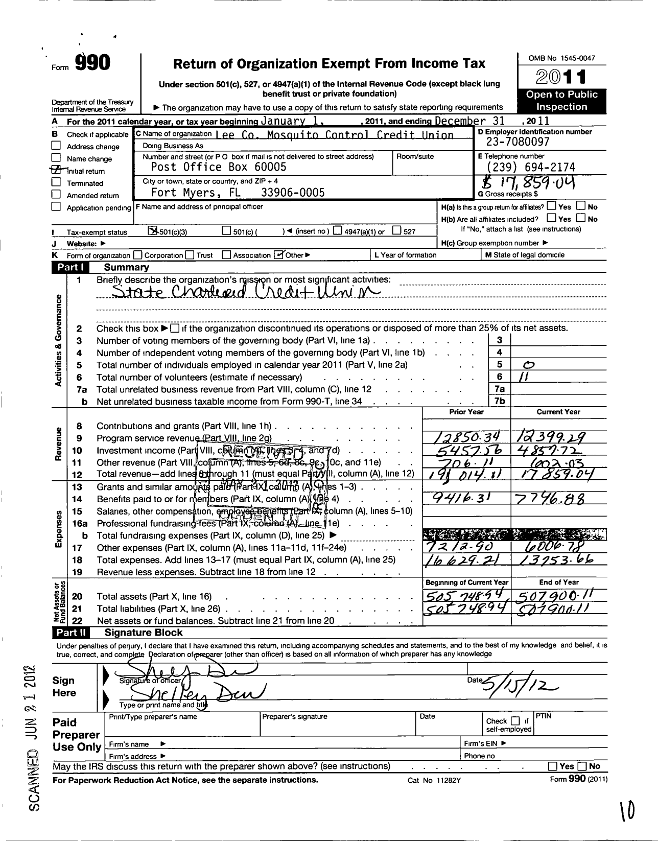 Image of first page of 2011 Form 990 for State Chartered Credit Unions in Florida - 493 Lee County Mosquito Control