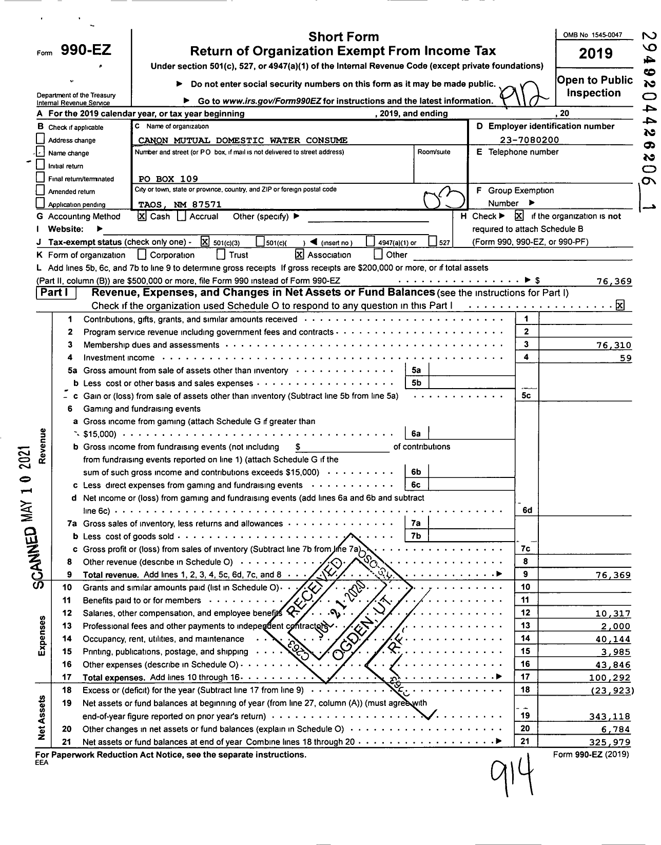 Image of first page of 2019 Form 990EZ for Canon Mutual Domestic Water Consume