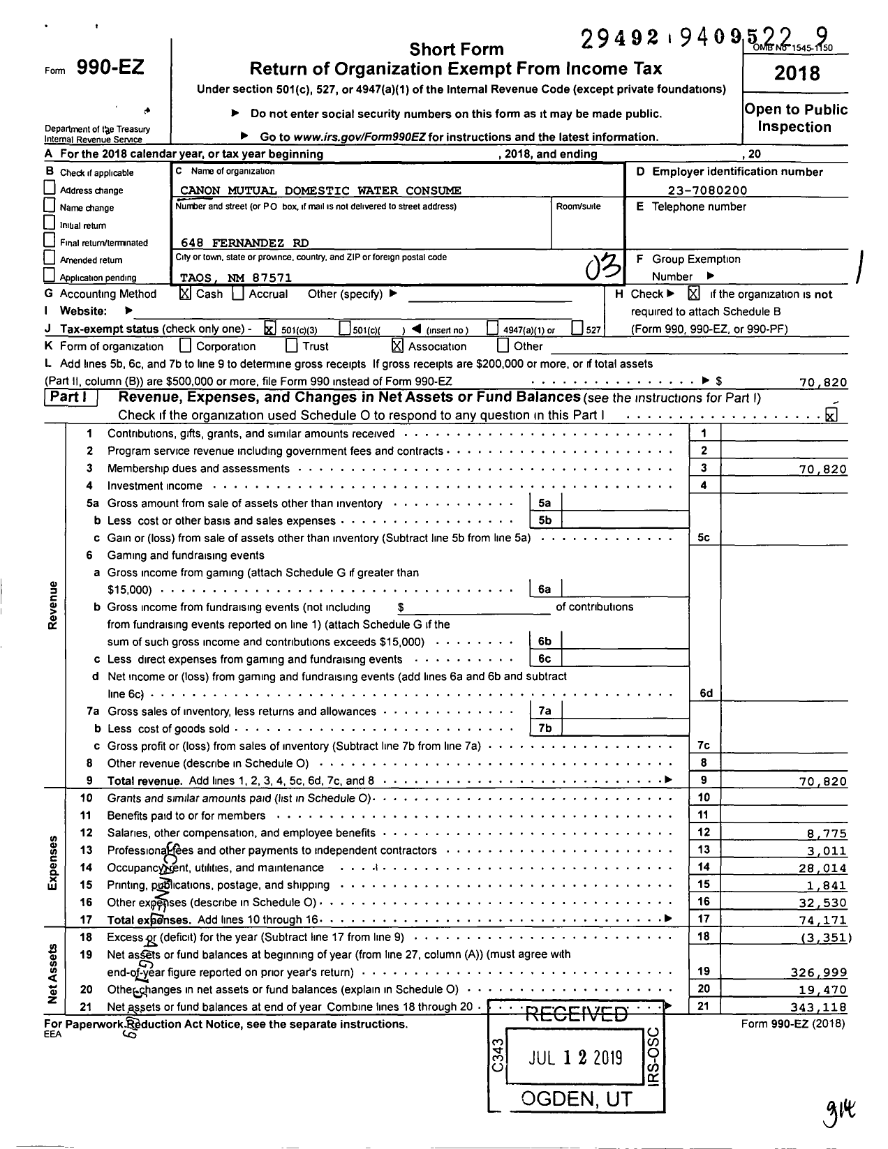 Image of first page of 2018 Form 990EZ for Canon Mutual Domestic Water Consume